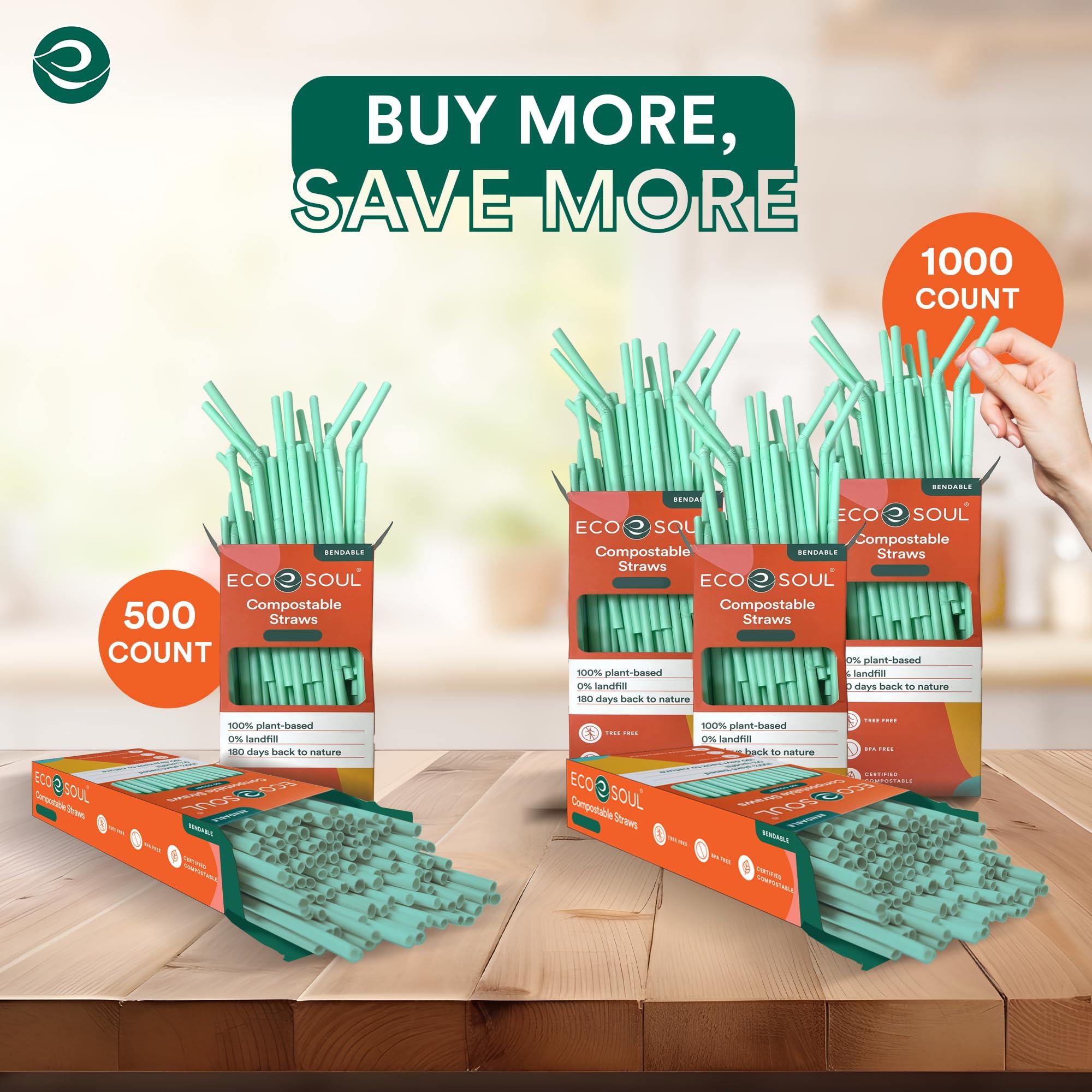 ECO SOUL ECO SOUL 100% Compostable Straws [100 Count][8.25\"] Eco-Friendly Biodegradable Sustainable Disposable Straws, Cocktail Cold Drink Smoothie Bendable Straws