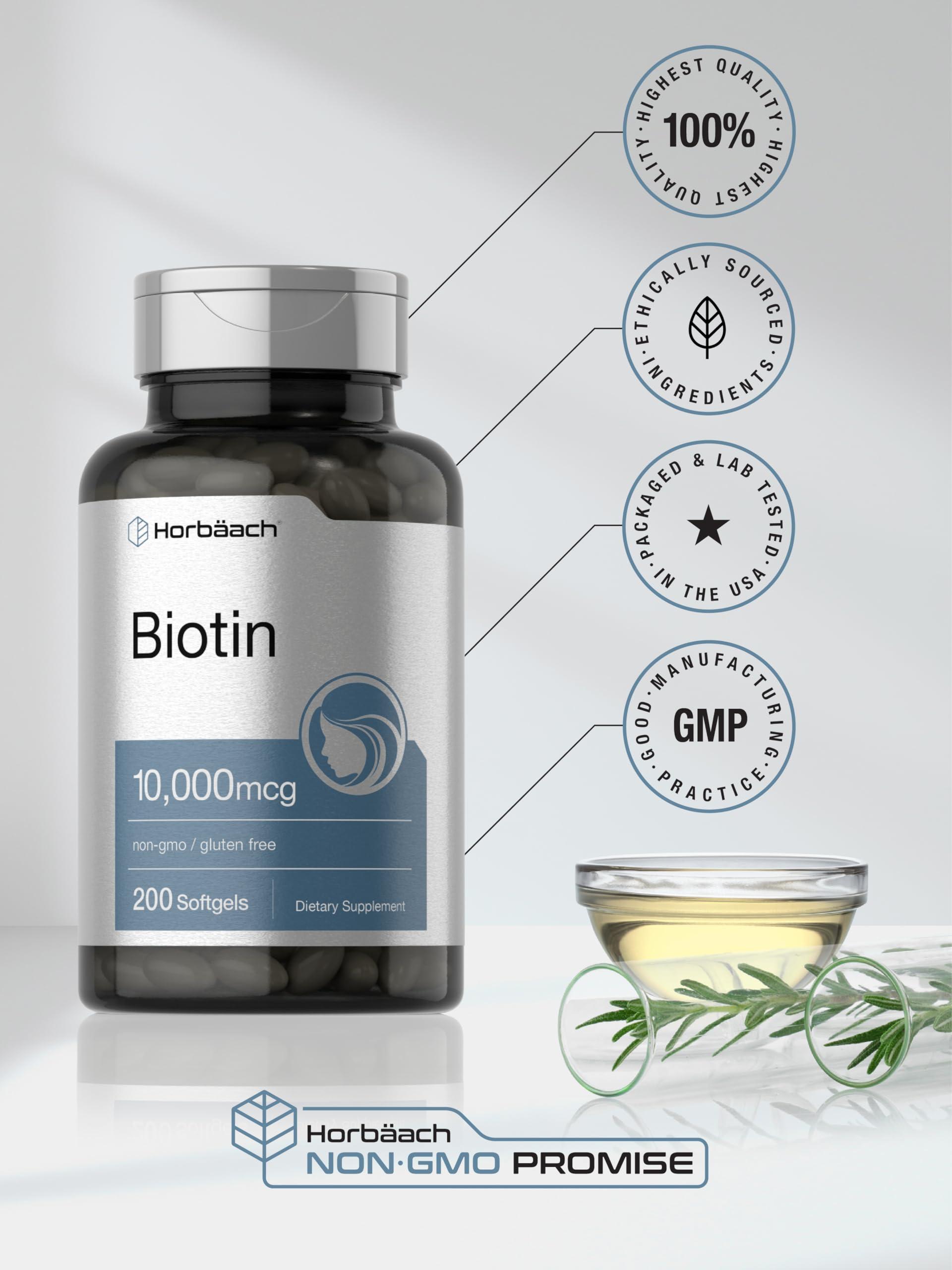 Horbach Horbaach Biotin 10000 mcg | 200 Softgels | Vitamin B7 Supplement | Non-GMO & Gluten Free