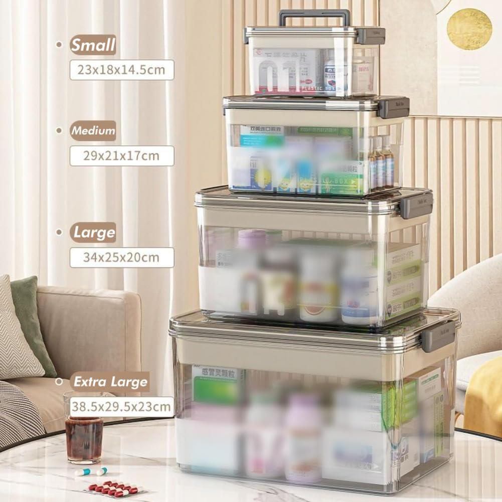 MYBAQ MYBAQ,Medicine Storage Box,Pill Bottle Organizer,Medication Organizer Storage,Medicine Organizer,Transparent Multi-Compartment Organizer with Handle,Medicine Storage for Home (15\"L11.6\"W9\"H) Khaki