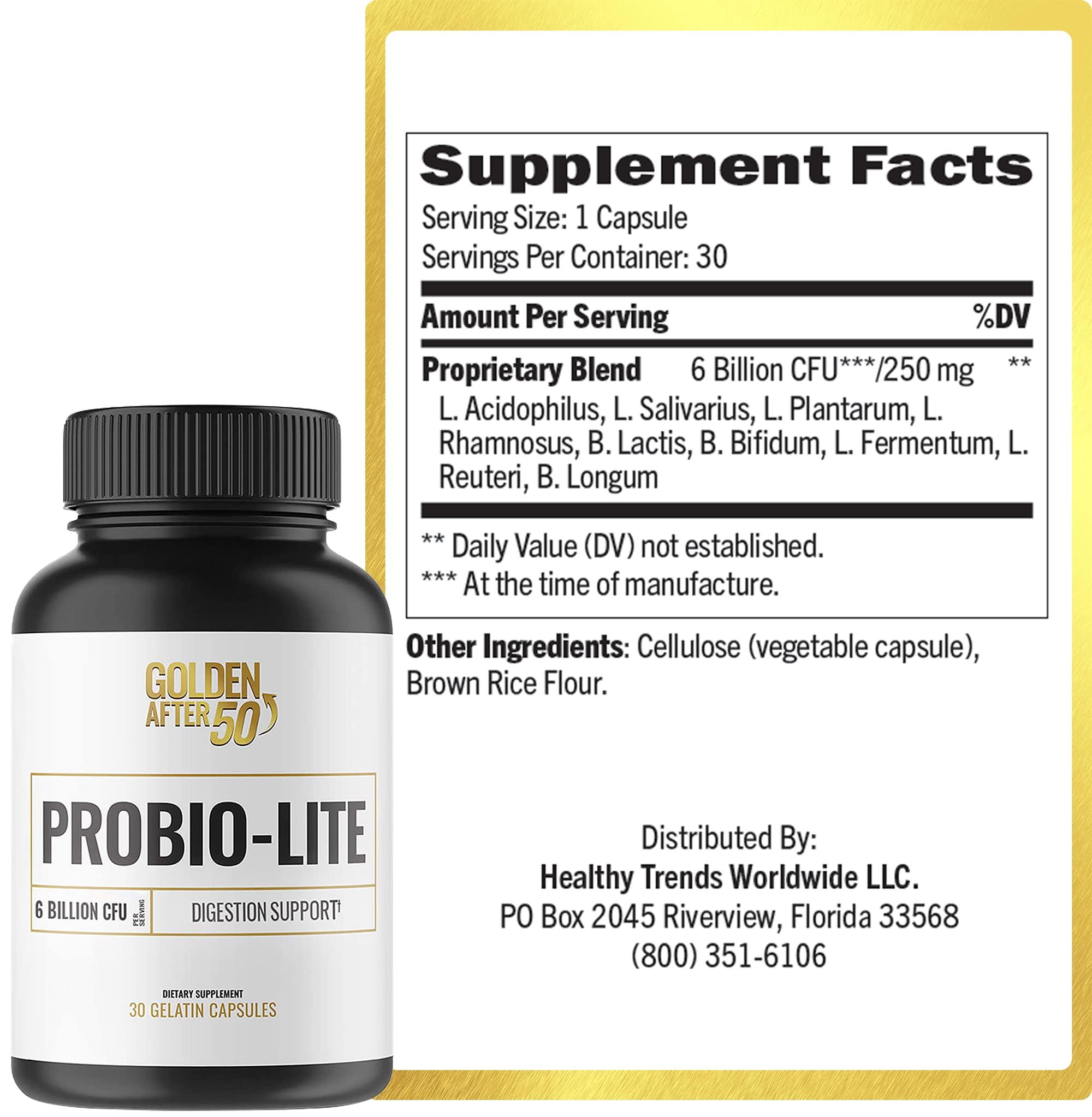 Golden After 50 Golden After 50 Probio-Lite - for Gut Health and Digestion Support - Probiotics for Men and Women - 30 Gelatin Capsules - Probiotics for Occasional Heartburn, Gas, Indigestion