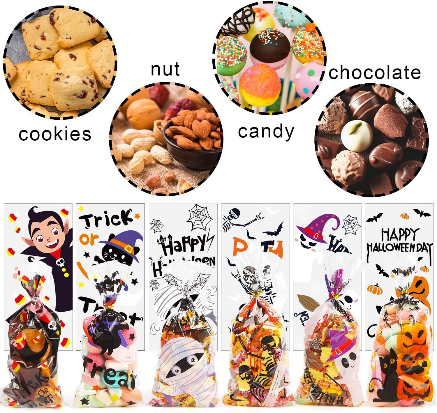 SULOLI SULOLI Halloween Cellophane Treat Bags, 120pcs Plastic Clear Candy Bags Pumpkin Ghost and Halloween Goody Bags with 150 Twist Ties for Kids Halloween Trick or Treat Party Favors