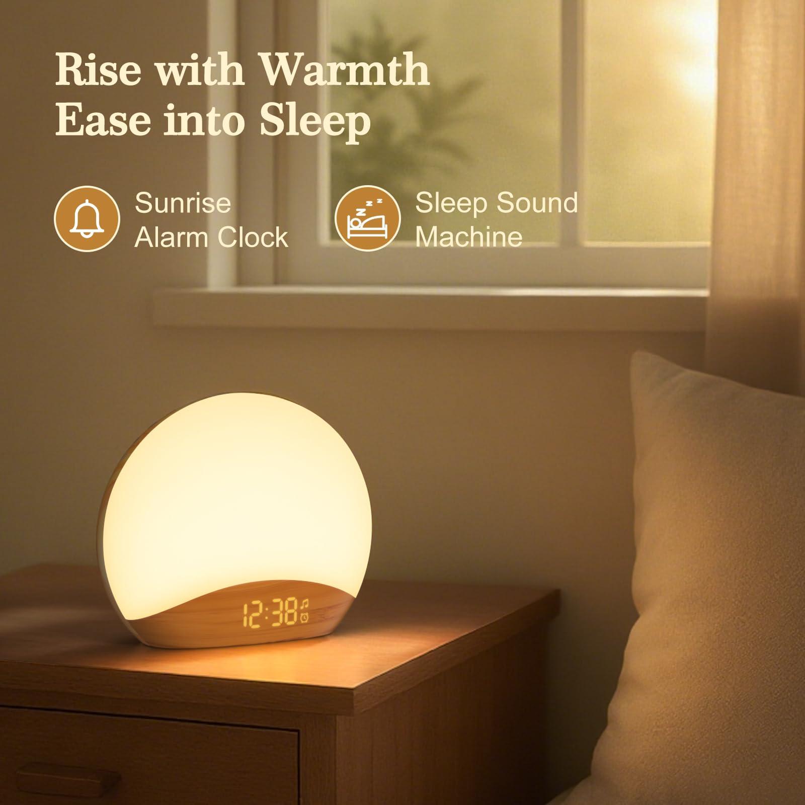REACHER REACHER Wood Grain Sunrise Alarm Clock and Sound Machine Nightlight, Digital Dimmable Clock for Bedroom, 26 Sleep Sounds, White Noise Machine for Baby, Adults, Wake Up Light Alarm Clock for Kids