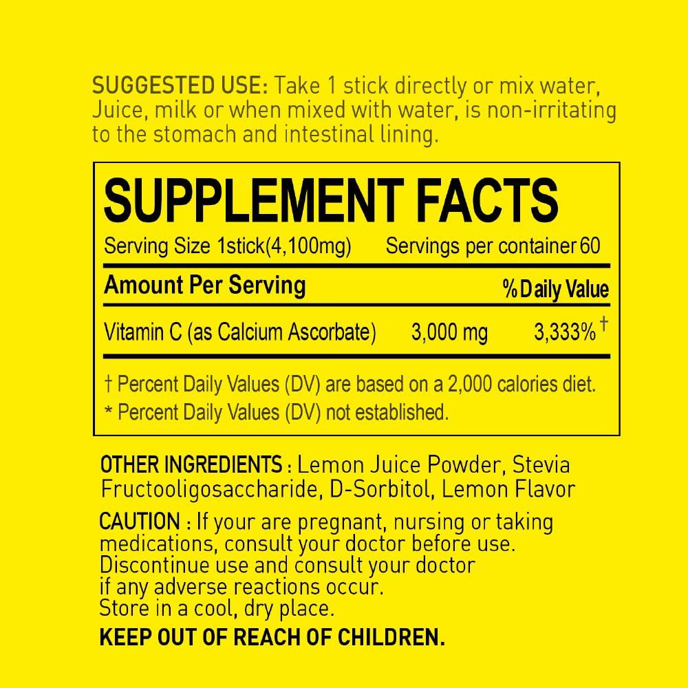 NANOWELL NANOWELL Pure Buffered Vitamin C Powder 3000mg per Serving, Dietary Supplement for Immune Support - 60 Sticks, 60 Day Supply