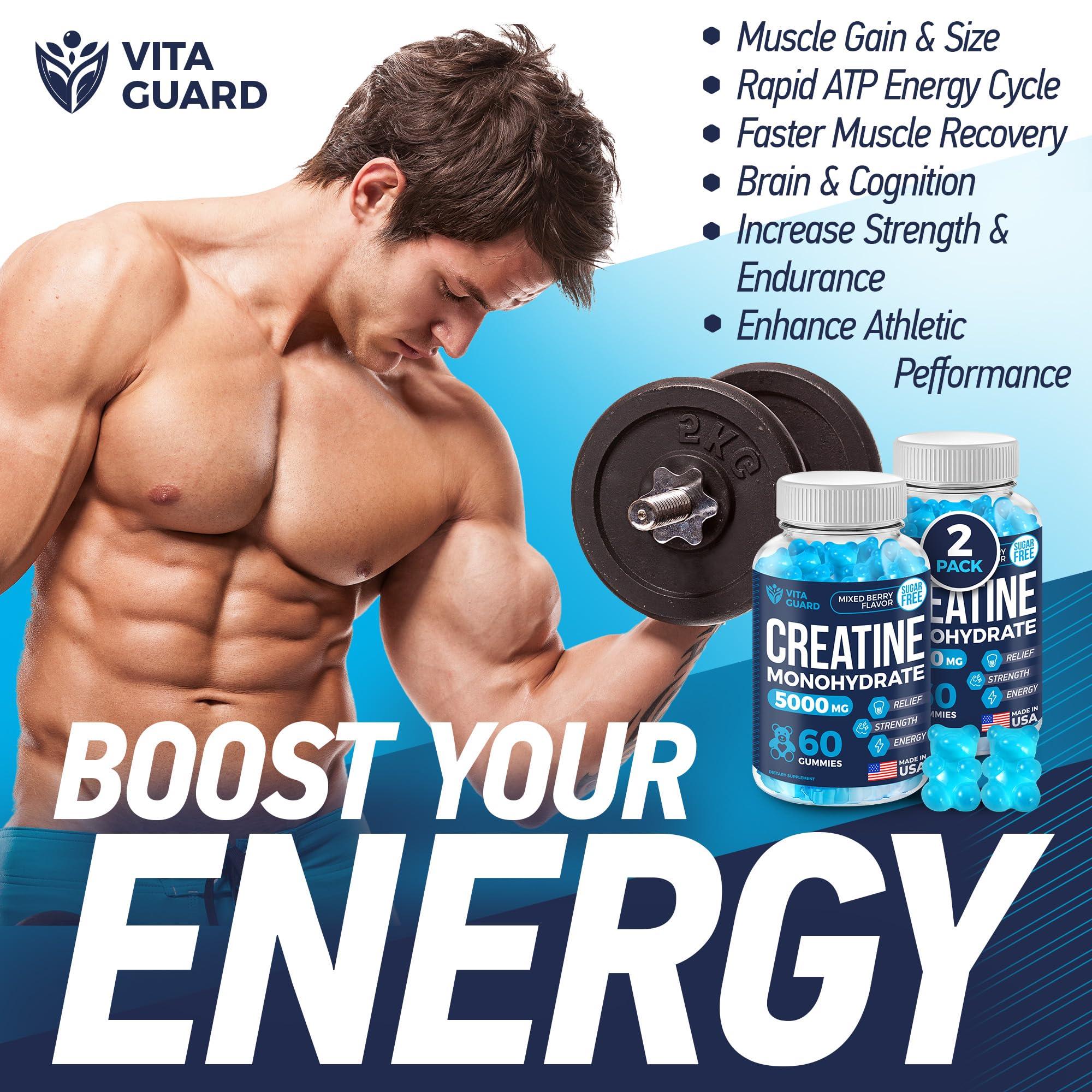 Vita Guard Vita Guard 5000mg Creatine Monohydrate Gummies Formula for Men and Women Ultimate Muscle Builder, Energy Booster & Pre-Workout Supplement (2 Pack)