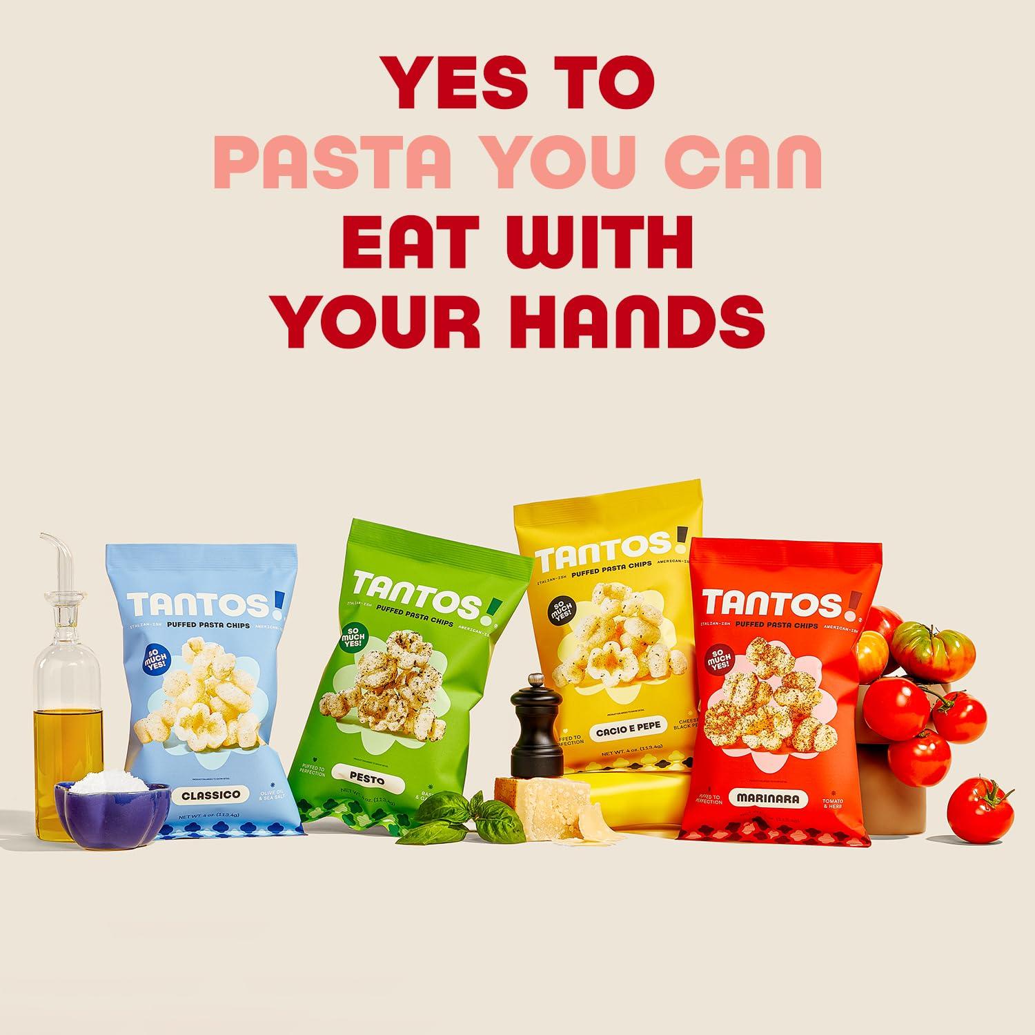 Tantos Tantos! Puffed Pasta Chips Variety Pack - Gourmet Italian Snacks - 4 oz Bags (12 Pack) - Pizzeria Style Chips with Marinara, Pesto, Cacio e Pepe, Classico - Chef Created Office & Kids Lunch Snacks
