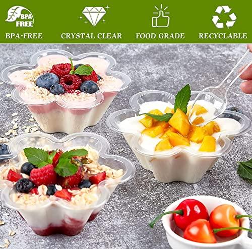 Minsily Minsily 50 Pack Clear Plastic Dessert Bowls 8 oz Disposable Ice Cream Cups Flower Parfait Cups Sample Serving Bowls Plastic Dessert Cups Sundae Snack Fruit Salad Bowl Appetizers Cup for Holiday Party