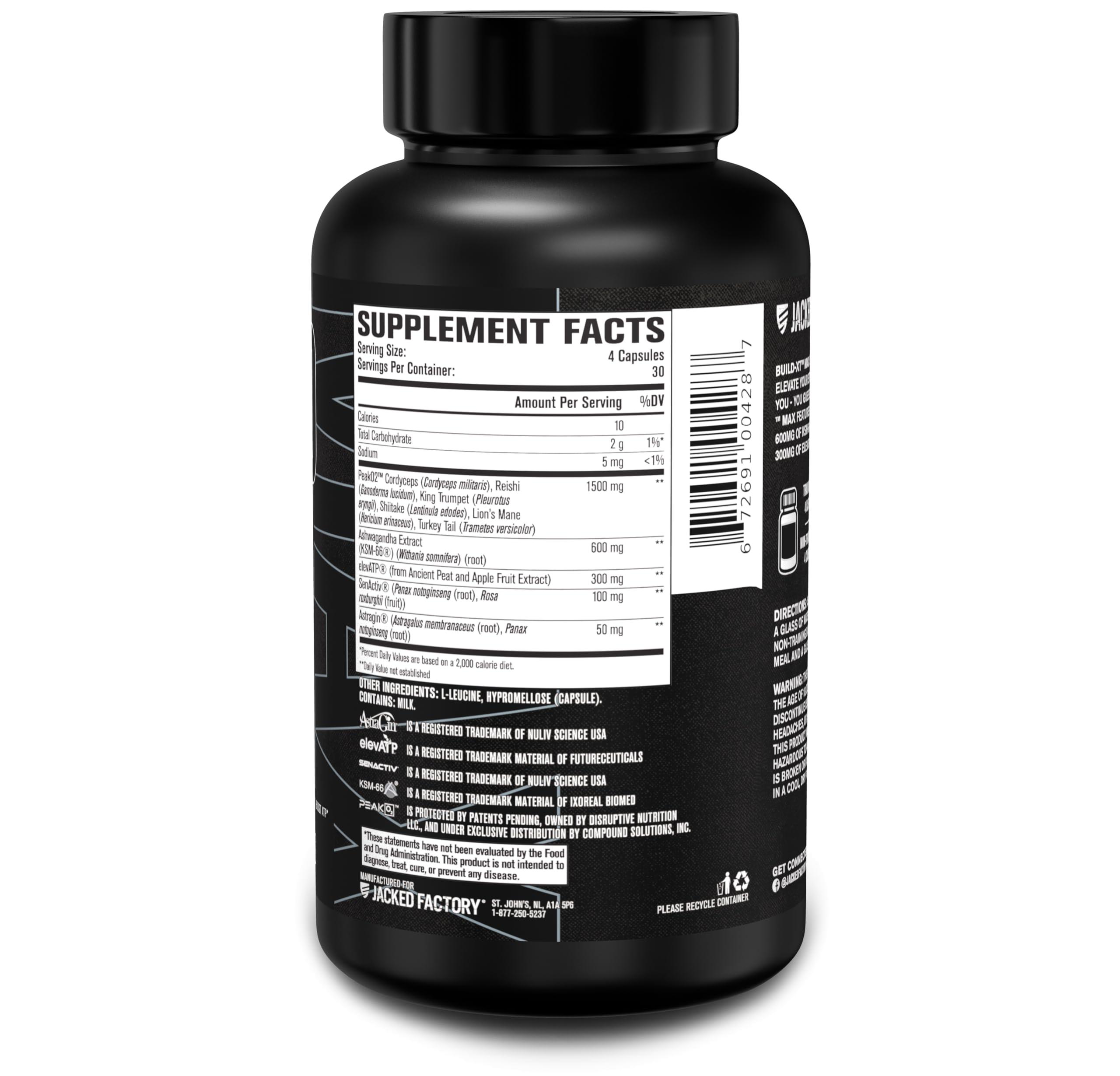 Jacked Factory Jacked Factory Build-XT Max Muscle Builder for Men and Women - ATP Supplement with Peak02 Cordyceps, KSM-66 Ashwagandha, & ElevATP for Muscle Recovery, Muscle Growth, Increased Endurance - 120 Count