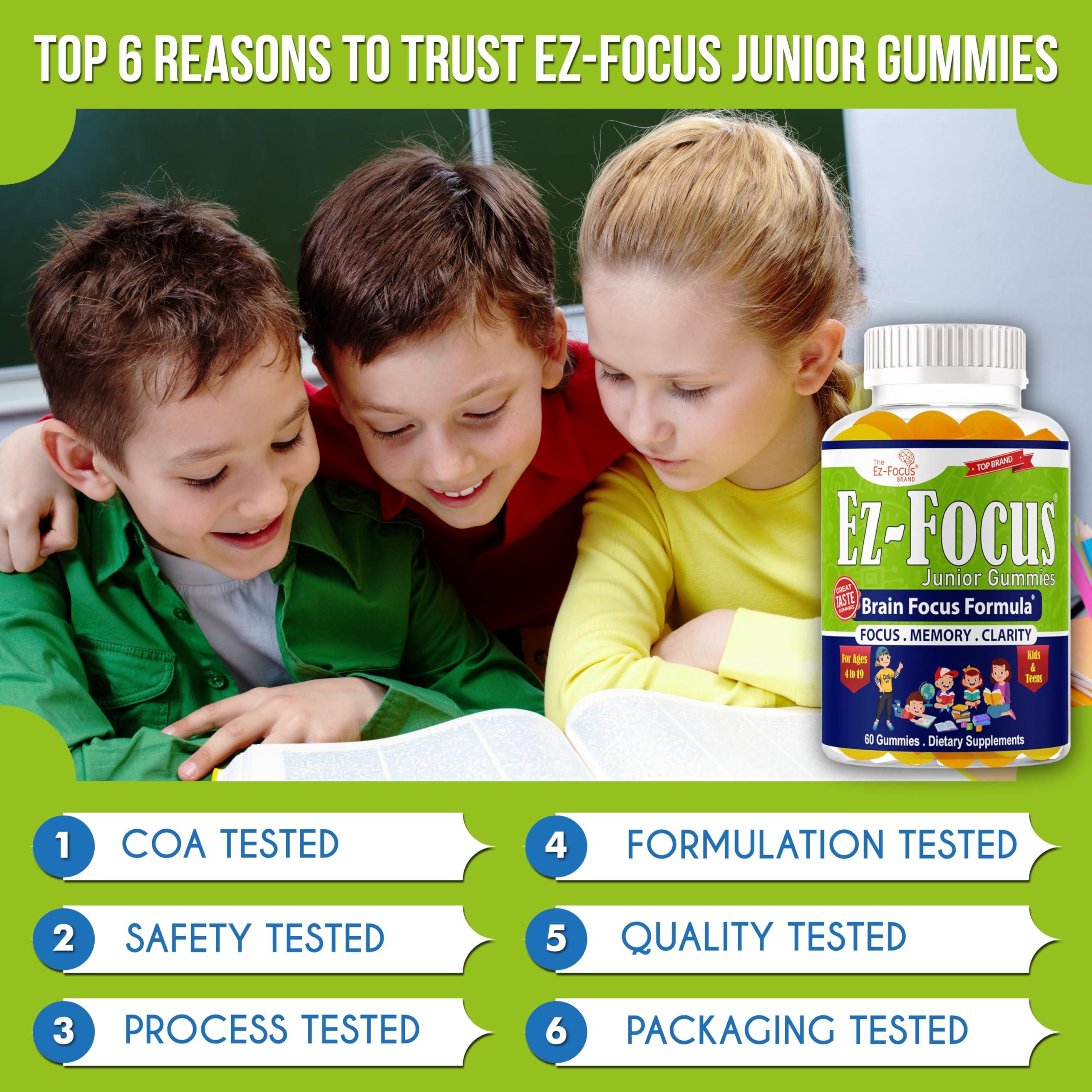 Ez-Focus Ez-Focus Junior Brain Vitamins & Memory Supplements for Kids & Teens, Focus Supplements, Support Memory, Attention, Focus & Clarity, Tasty 60 Chewable Gummies