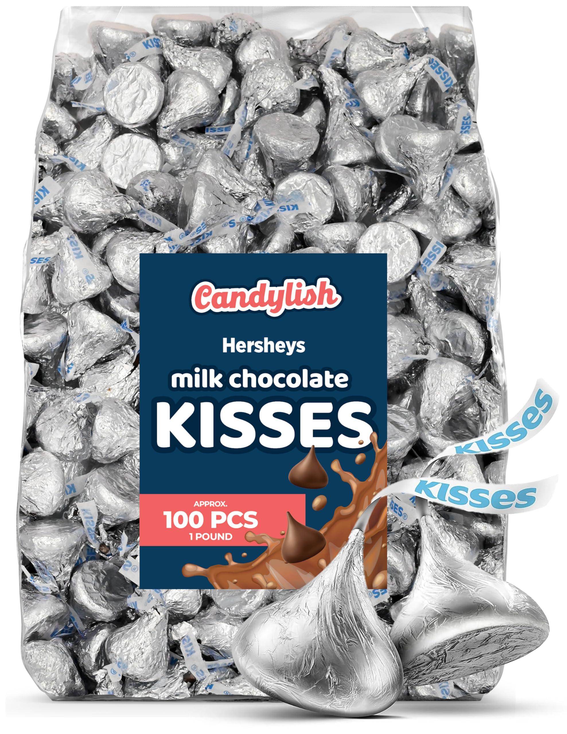 Candylish Hershys Kisses Milk Chocolate, Classic Silver Wraps, 1 Pound Bag (Approx. 100 Pieces) - Perfect for Gifts, Parties, and Special Occasions