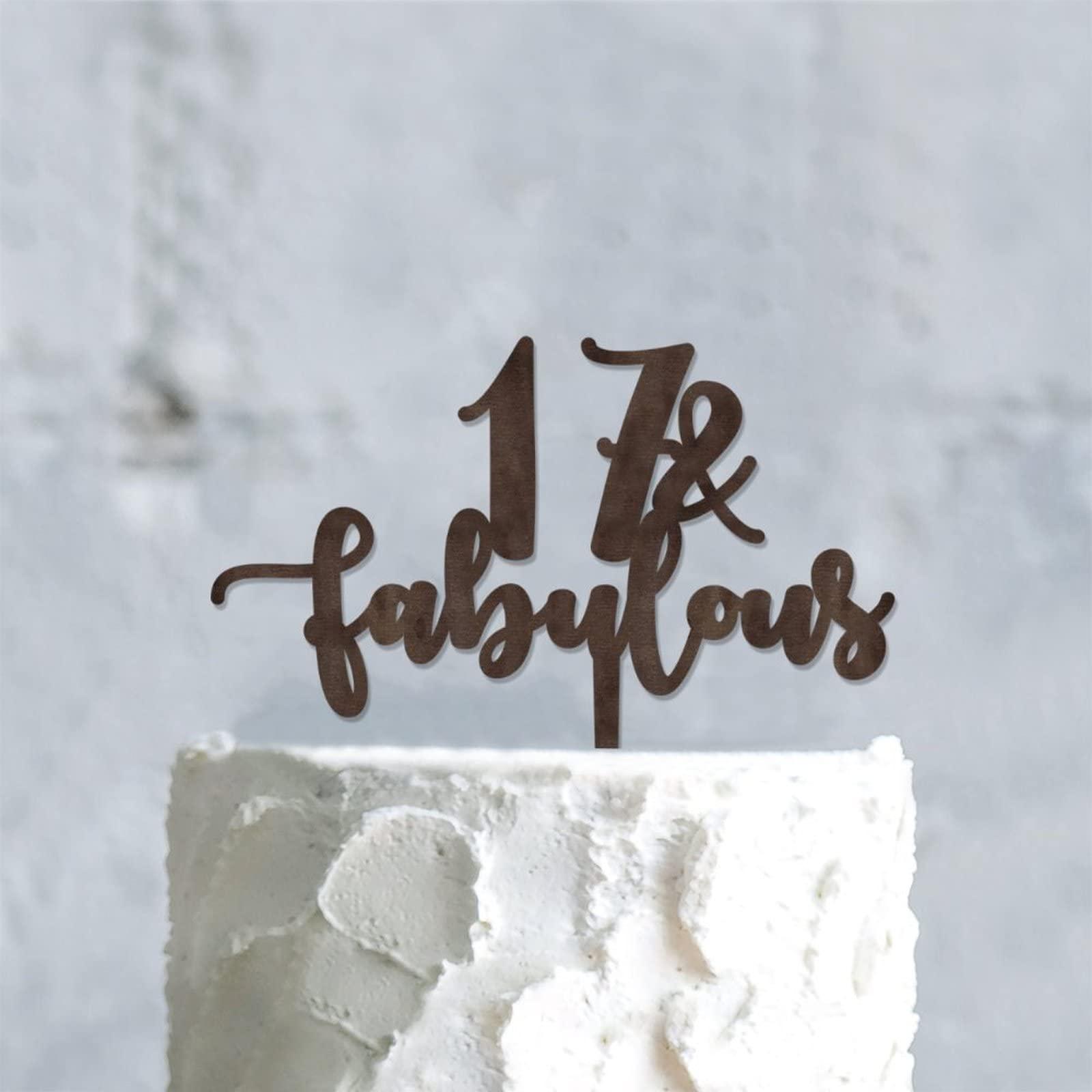 WengBeauty 17 & Fabulous Cake Toppers Brown Wood 17th Birthday Party Decorations Happy Birthday Cake Topper Customized Age Birthday Cake Decoration Birthday Cake for Birthday Party Decoration Ideas