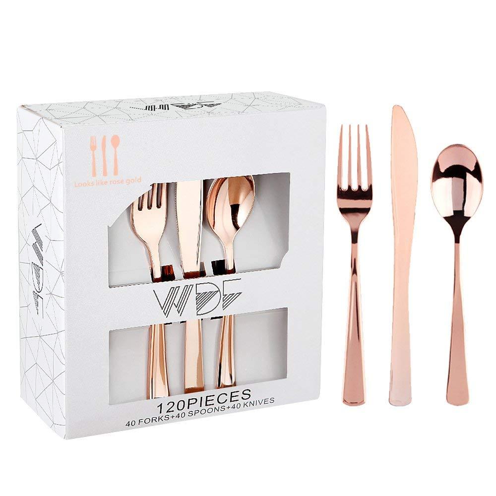 WDF WDF 60pcs Rose Gold Plastic Plates-Baroque White &Rose Gold Disposable Plates Rose Gold Plastic Silverware- Disposable Flatware Set