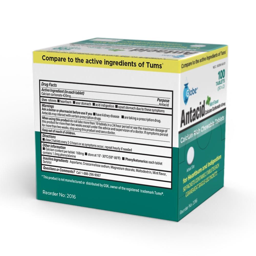 Globe Globe Chewable Mint Antacid Tablets for Acid Indigestion, Heartburn, and Upset Stomach - Bag of 10,000 Packets (20,000 Tablets). Made in The USA