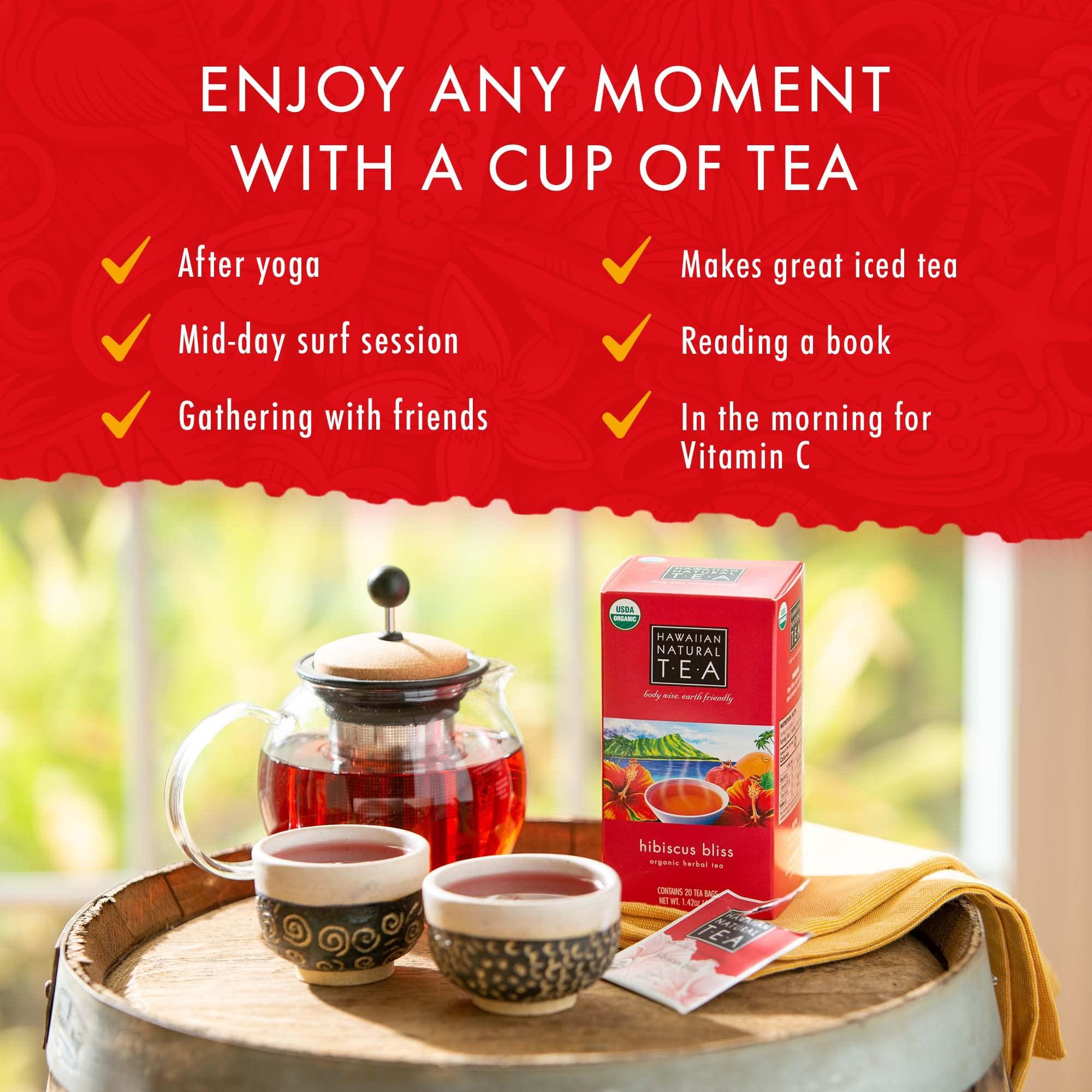 HAWAIIAN NATURAL T·E·A Hawaiian Natural Tea - Organic Hibiscus Bliss Herbal Tea, Caffeine-Free Hibiscus Tea, All-Natural and Antioxidant-Rich Wellness Tea, Vegan and Keto-Friendly, 60 Tea Bags
