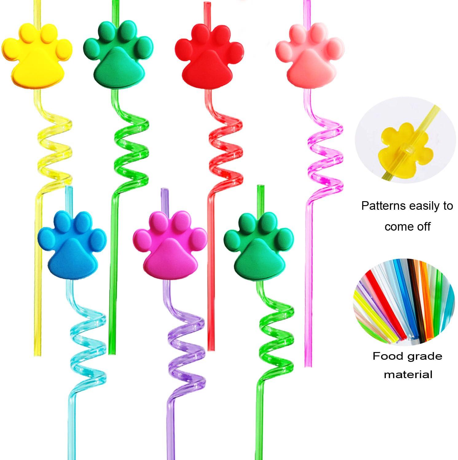 DFCROMI Paw Straws Birthday Party Decorations Supplies, 24pcs Paw Print Patrol Reusable Plastic Fun Cute Crazy Silly Drinking Straws+2pcs Cleaning Brush for Pet Dog Puppy Pals Cat Birthday Suppliers Favors