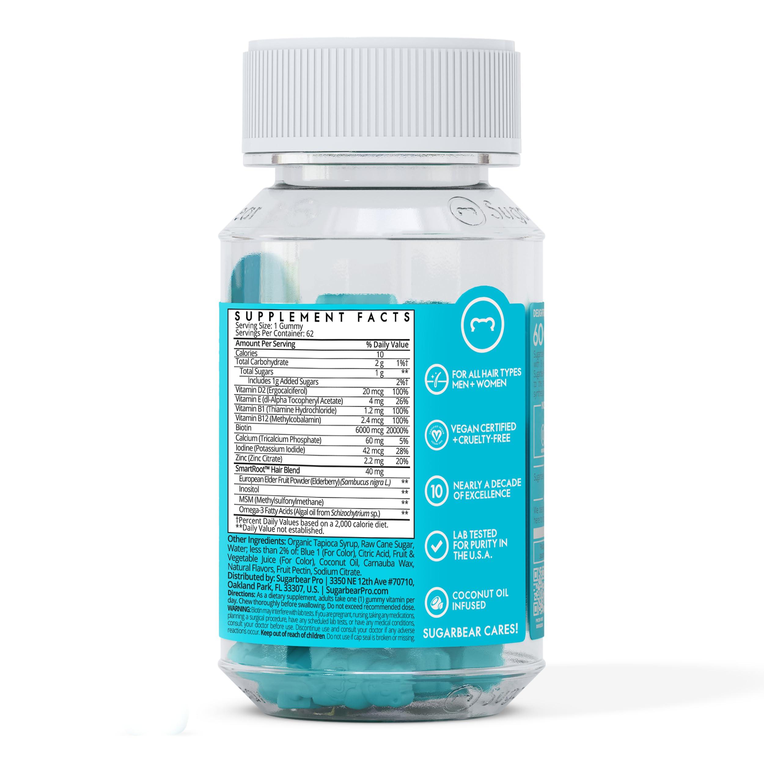 SugarBearHair Sugarbear Hair Vitamin Gummy 2 Month Supply Extra Strength Biotin 6000mcg, Growth for Men & Women, Vegan Vitamin B12, MSM, Inositol, Omega 3, Elderberry, Certified Kosher, Halal, Cruelty-Free