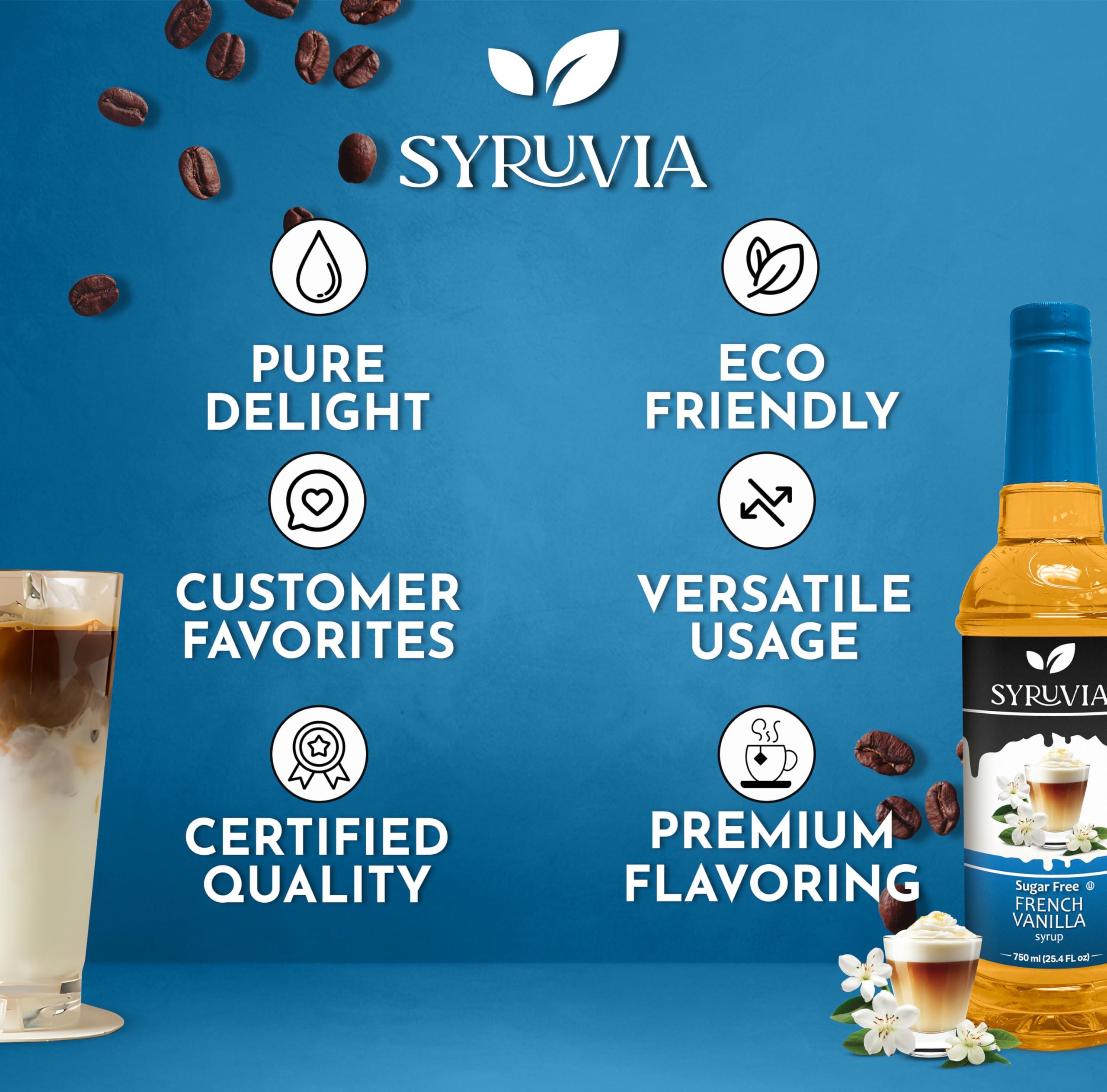 SYRUVIA Syruvia Sugar-Free French Vanilla Syrup - 25.4 fl oz. Premium Coffee Flavoring Syrup. 0 Calories, Kosher, and Gluten-Free. Perfect for Drinks, Sodas, Shakes, Desserts, and More.