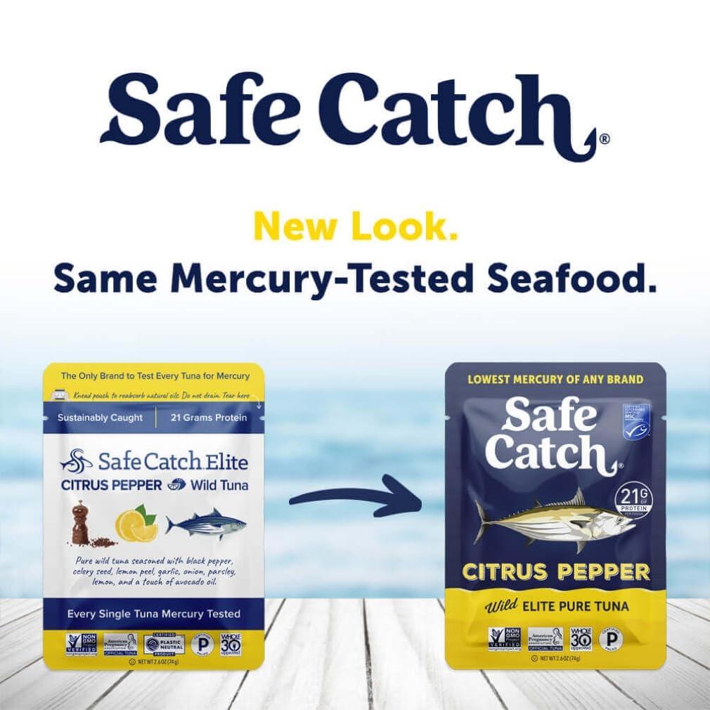 Safe Catch Safe Catch Elite Lowest Mercury Wild-Caught Tuna Pouch Citrus Pepper Seasoned Fish, Gluten-Free, Paleo, Keto, Non-GMO, High Protein Food, 2.6oz Packets, Pack of 12