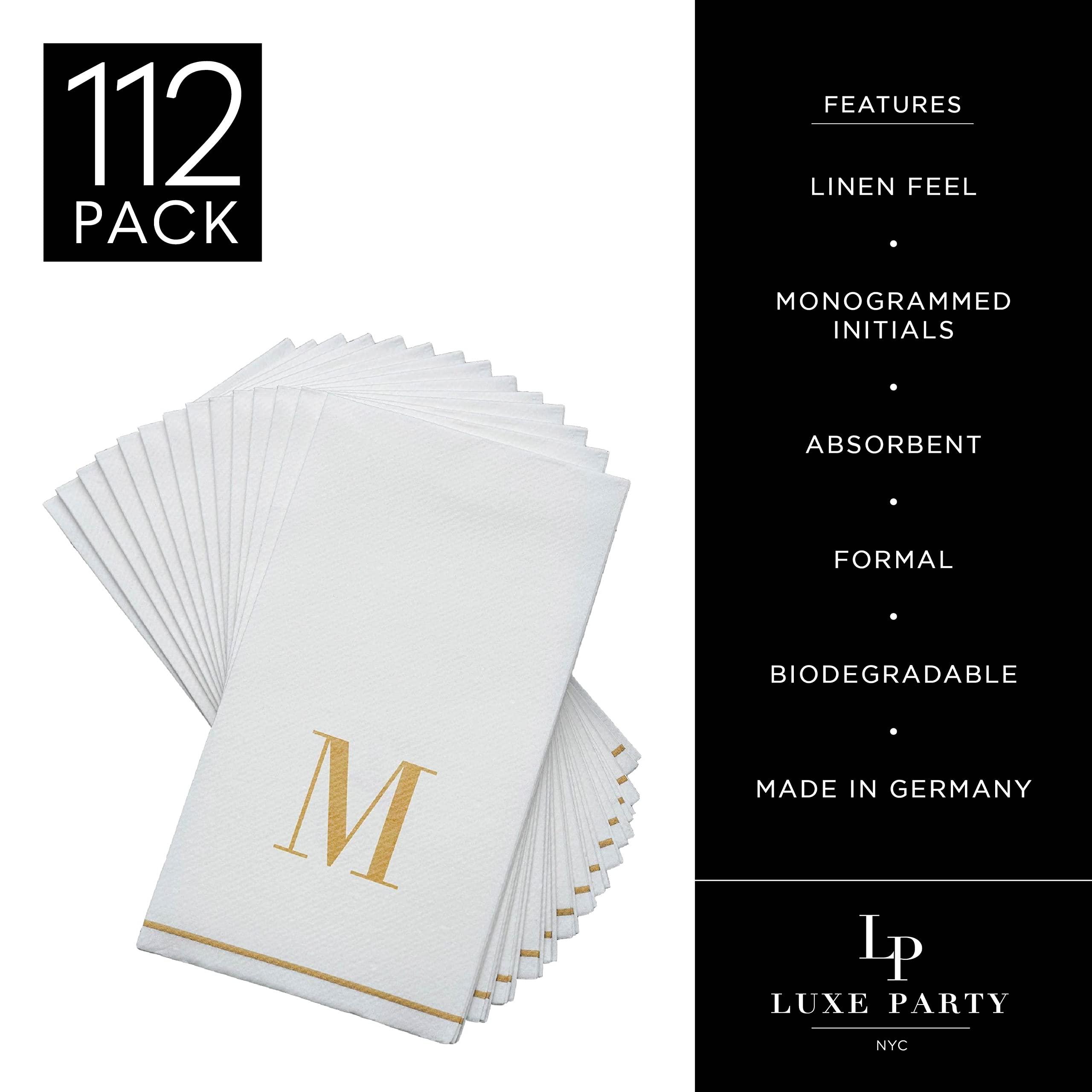 LUXE PARTY Luxe Party 112 Pack Monogram Napkins | Letter M Initial | Disposable | Premium Airlaid | Linen Feel | Decorative Table Setting | Guest Towel Napkin | White and Gold