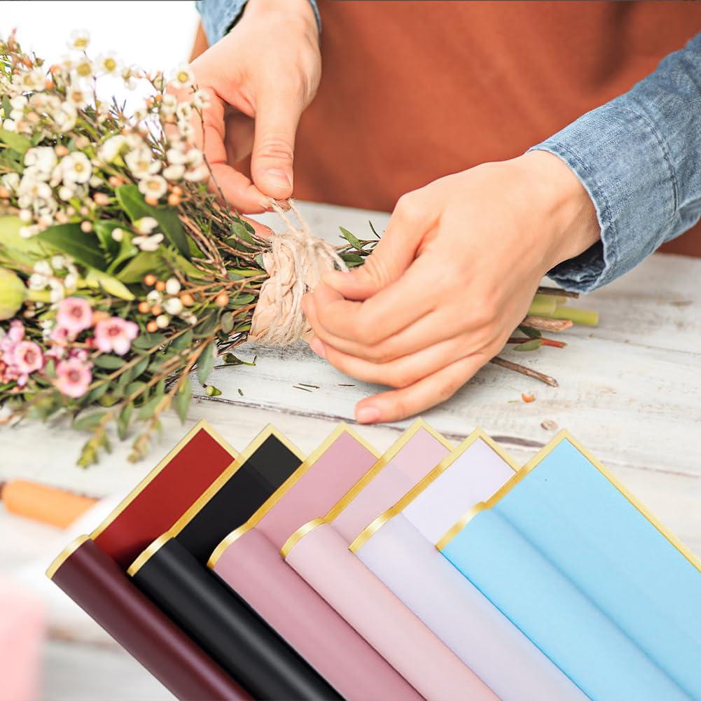 Aksipo 20 Sheets Rose Pink Flower Wrapping Paper, Waterproof Florist Bouquet Packaging Paper with Satin Ribbon,3D Butterflies,Flower Pins, Gold Edge Floral Wrap Paper for Father\'s Day DIY Wedding Flower Craft