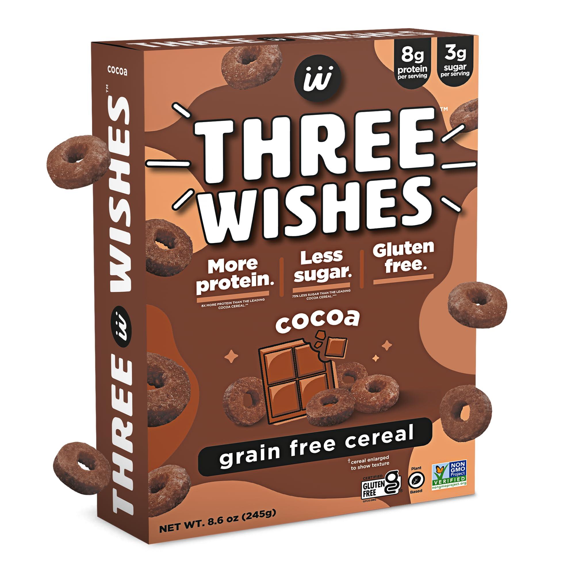 Three Wishes Plant-Based and Vegan Breakfast Cereal by Three Wishes - Cocoa, 1 Pack - More Protein and Less Sugar Snack - Gluten-Free, Grain-Free - Non-GMO