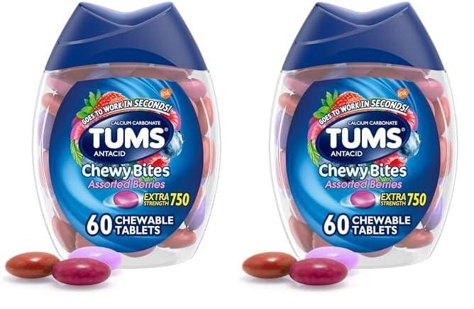 TUMS TUMS Chewy Bites Antacid Tablets for Chewable Heartburn Relief and Acid Indigestion Relief, Assorted Berries - 60 Count (Pack of 2)