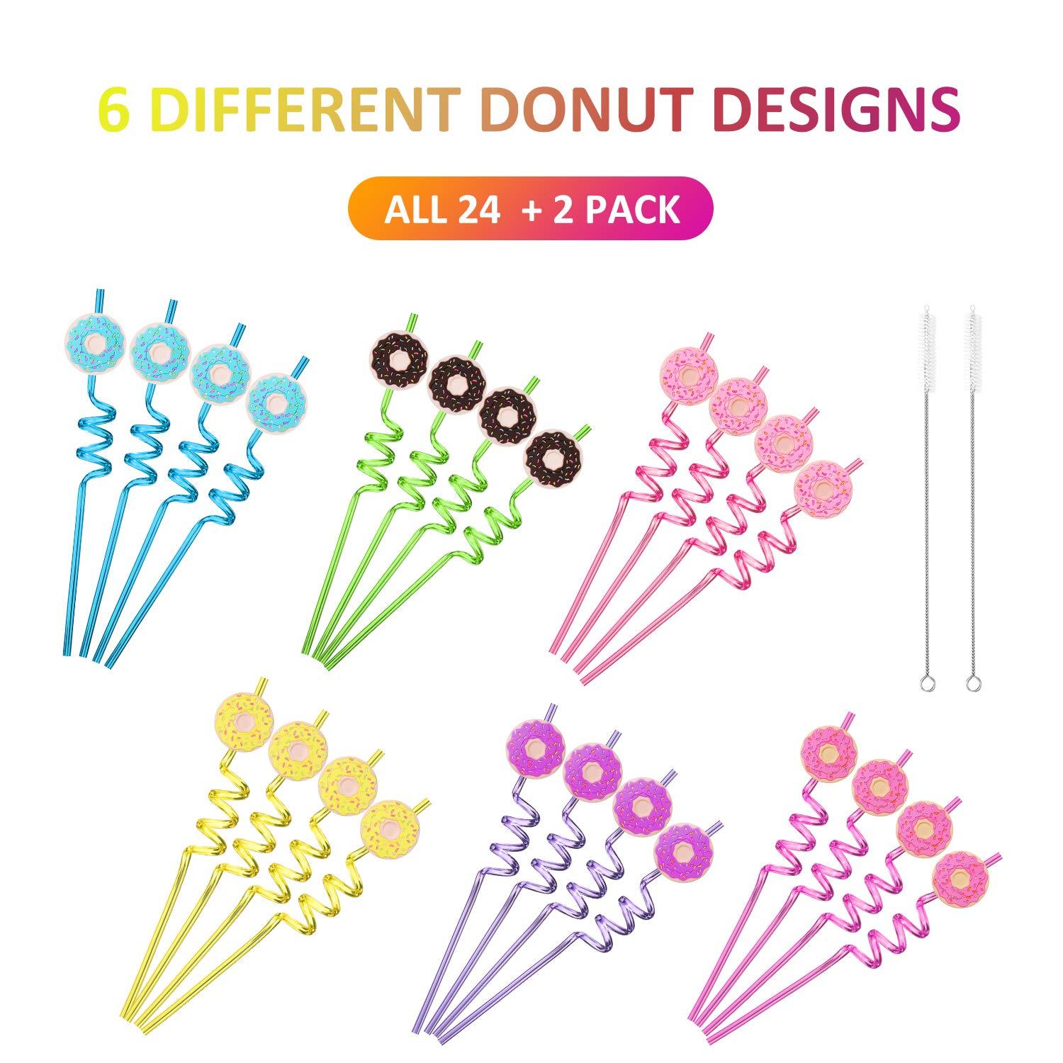 FZR Legend 24 Reusable Donut Straws for Birthday Party Supplies | Party Favors with 2 Cleaning Brush