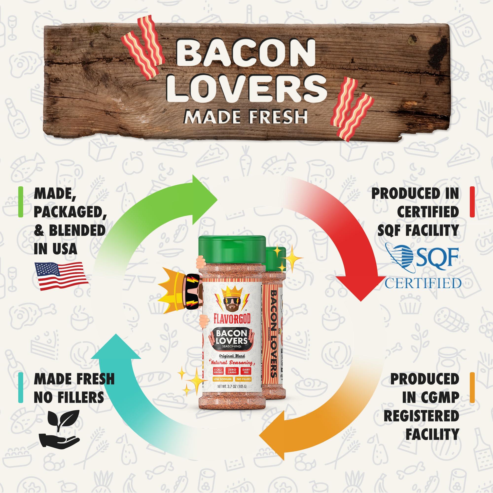 Flavor God Bacon Lovers Seasoning Mix by Flavor God - Premium All Natural & Healthy Spice Blend for Beef, Eggs, Salad & Vegetables - Kosher, Low Sodium, Gluten-Free, Vegan & Keto Friendly - Great Flavor Spices and Seasoning Gift