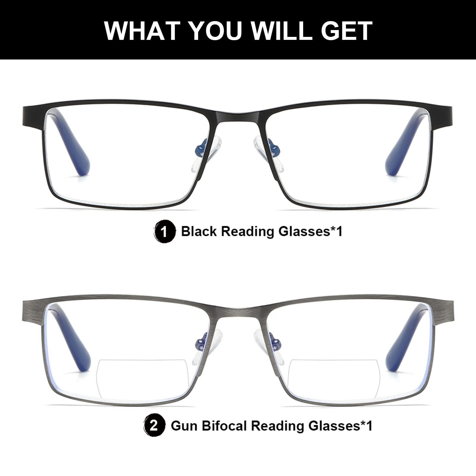 LKEYE Bifocal Reading Glasses for Men Blue Light Blocking Computer Readers Lightweight Metal Frame Eyewear Spring Hinge 2PACK 1.25