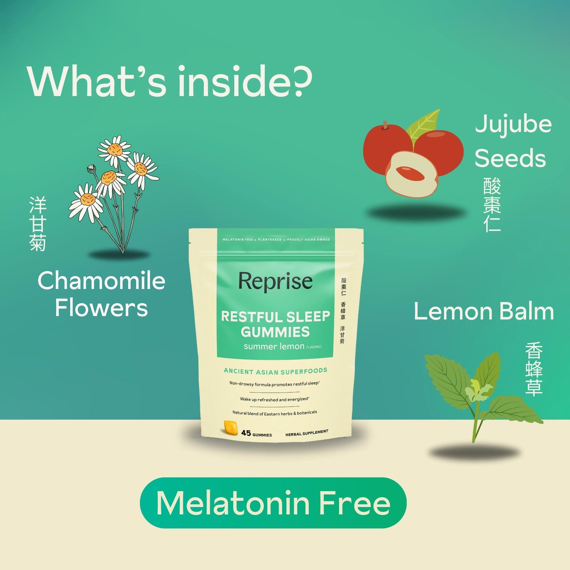 Reprise Melatonin Free Natural Sleep Aid Gummies for Adults | NO Melatonin | Herbal Jujube & Chamomile, Lemon Balm - Deep Sleep Supplement & Relaxation for zzz, 45 Vegan Gummies (45 Gummies (1 Pack))