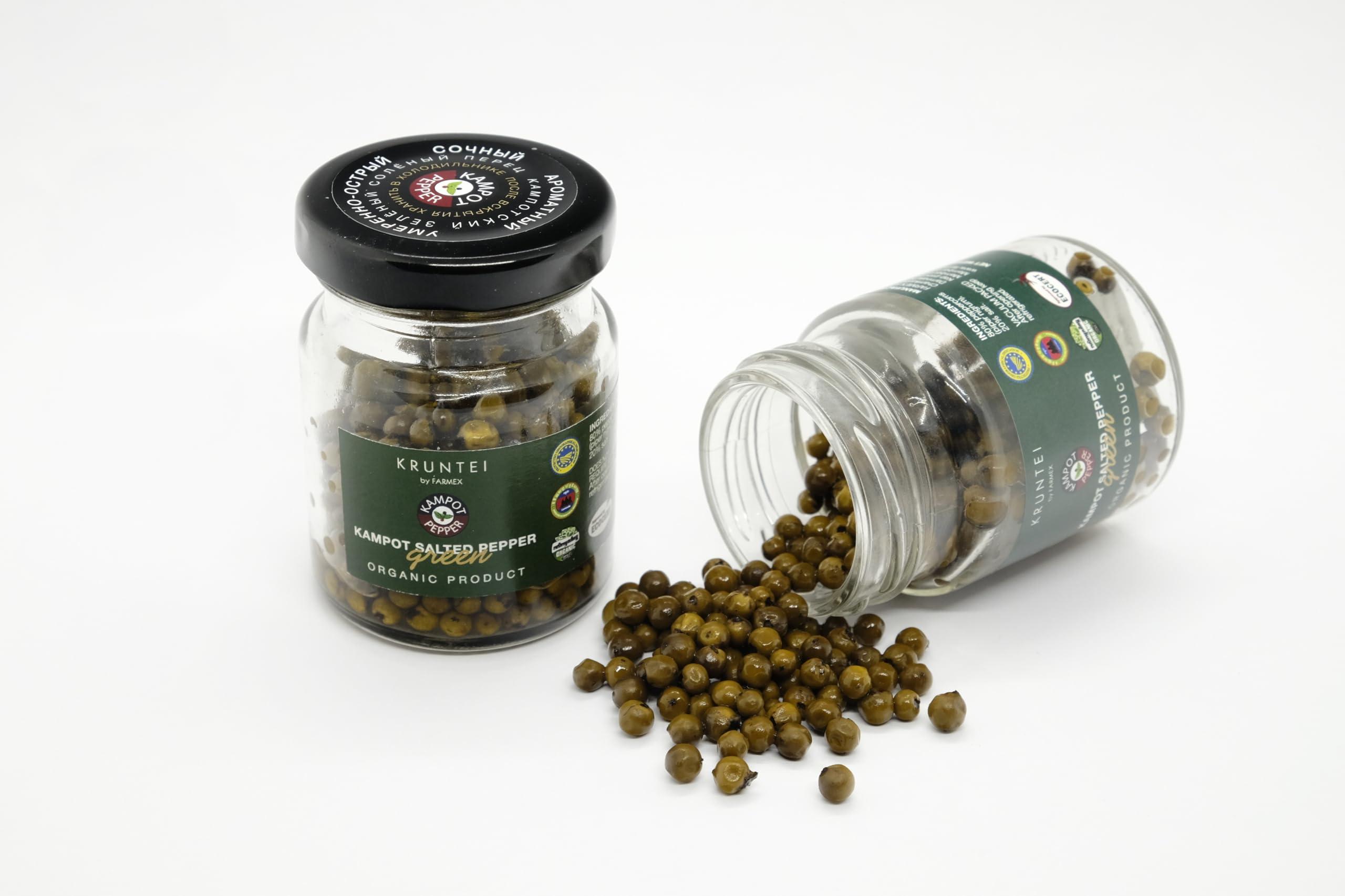 Kruntei Kruntei Kampot pepper (piper nigrum) from our own farm in Cambodia in a vacuum bag/box (Green solted)