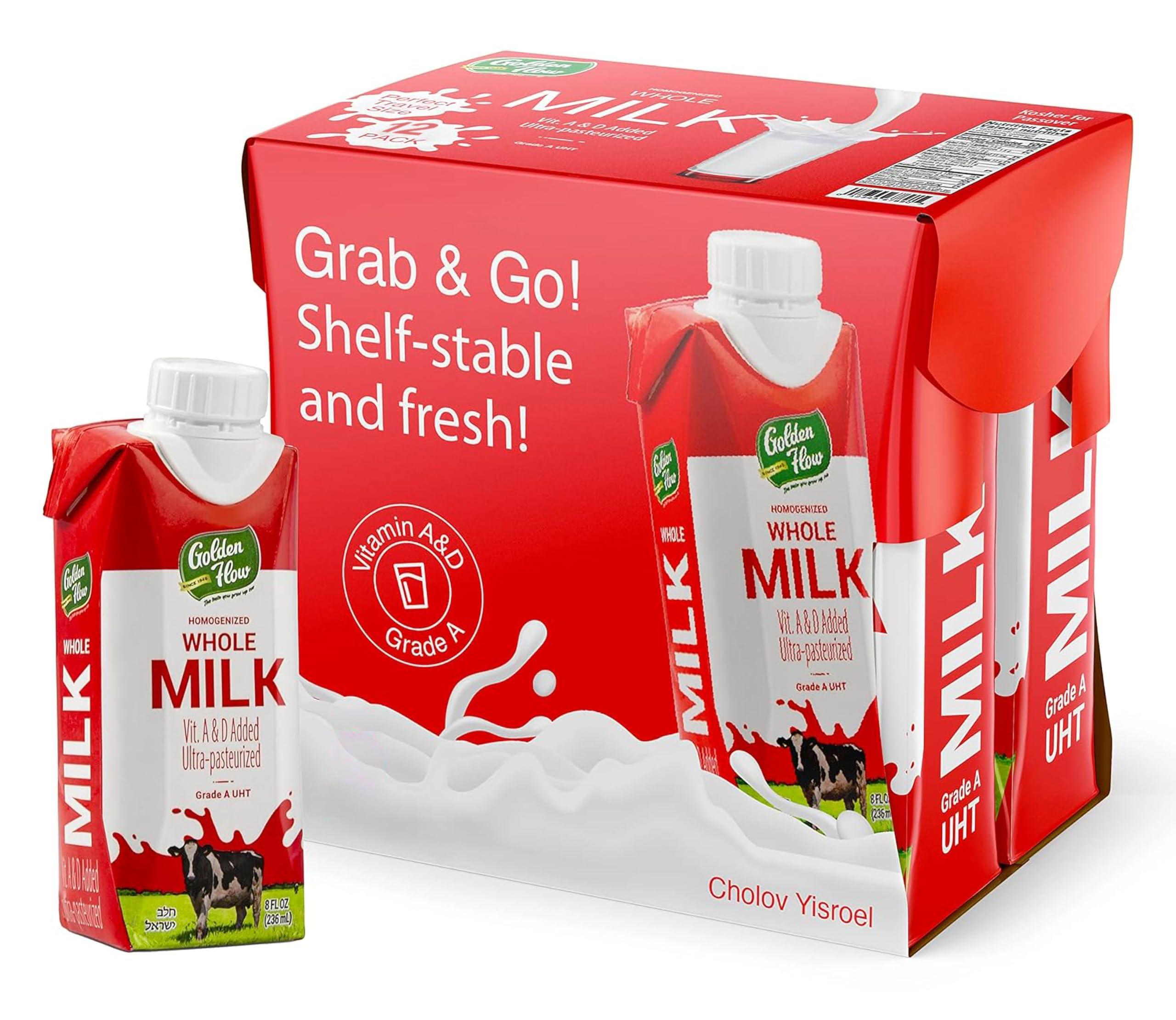 Golden Flow Golden Flow Shelf Stable Whole milk - UHT Boxed Milk - Fortified with Vitamins A & D –No Refrigeration Needed, Cholov Yisroel, Kosher for Passover -8 FL oz- (Pack of 6)