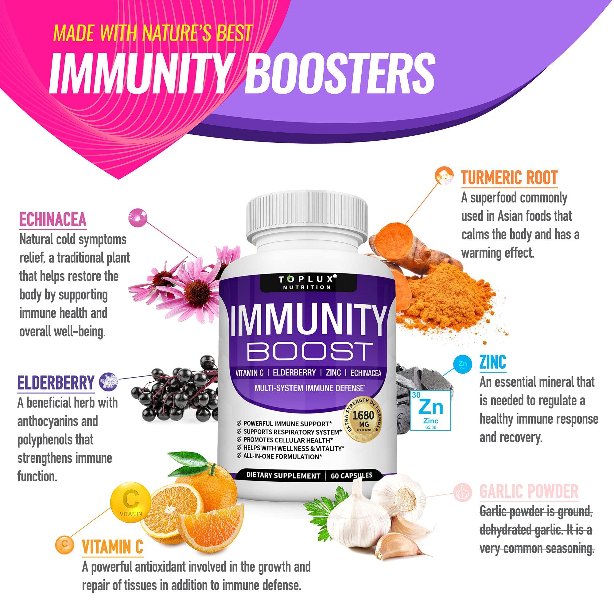 Toplux 10 in 1 Immunity Boost Immune Support Supplement – 1650mg Made with Elderberry, Vitamin C, Zinc, Echinacea & Probiotics for Immune System Booster, Support Healthy Respiratory System, 2x 60 Capsule