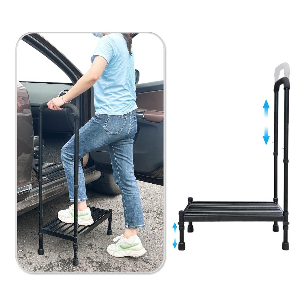 NEAUDE Medical Step Stool with Handle SUV Car Elderly Handicap Steps for RV Mobile Home with Handrail for Adults Seniors Bariatric Metal Stepping Stool Safety Step Assist Adjustable 300lb Foot Stool