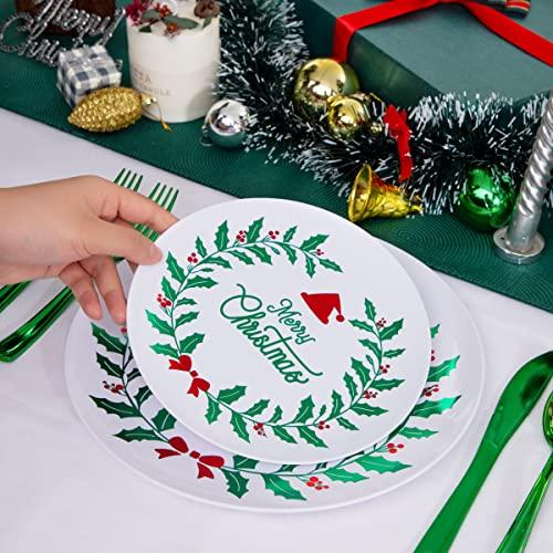 DaYammi DaYammi 60 PCS Christmas Plates White and Green Plastic Plates Red and Green Christmas Disposable Party Plates Include: 30 Christmas Dinner Plates 10.25\", 30 Dessert Plates 7.5\" for Christmas Party