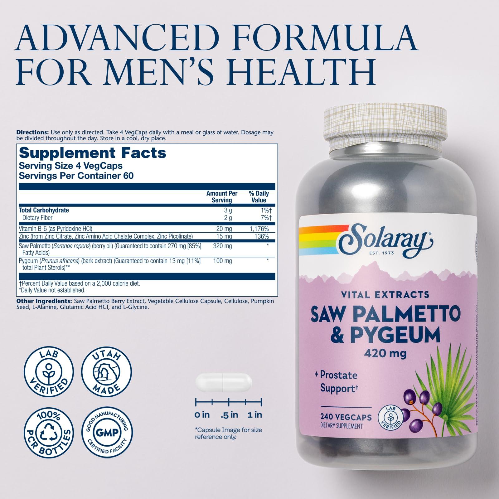 SOLARAY SOLARAY Saw Palmetto and Pygeum - Saw Palmetto for Men and Pygeum Bark - with Zinc, Vitamin B6, Pumpkin Seed and Amino Acids - Prostate Supplements for Men w/Beta Sitosterol, 60 Servings, 240 VegCaps