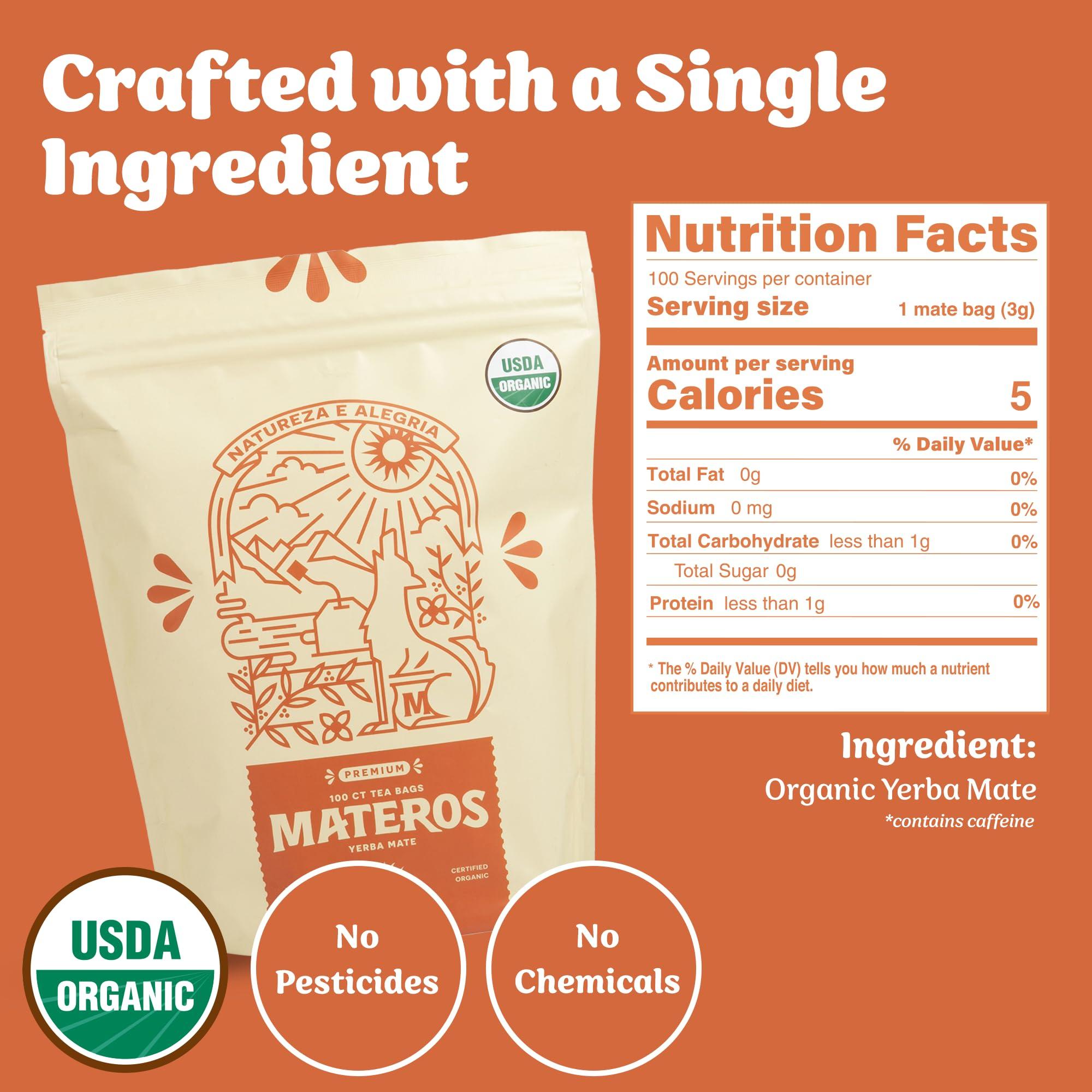 Materos Yerba Mate Loose Leaf Tea Bags, 100 Count Yerba Mate Tea Bag, 100% Organic, Premium Quality Yerba Mate Organic, Unsmoked & Aged, Large Caffeinated Herbal Yerba Mate Tea Bags