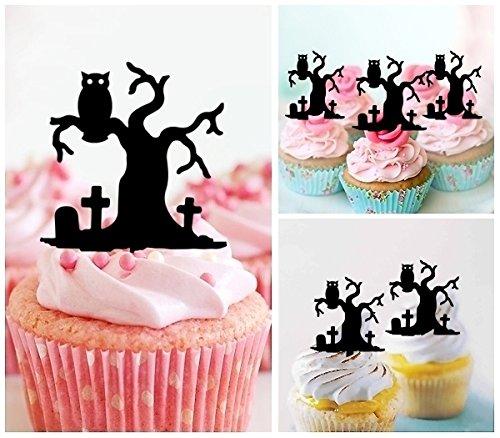 jjphonecase TA0463 Halloween Owl In The Cemetery Silhouette Party Wedding Birthday Acrylic Cupcake Toppers Decor 10 pcs