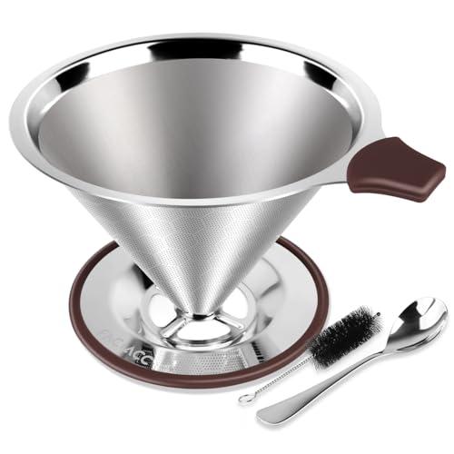 FACIACC FACIACC Pour Over Coffee Dripper, Professional Stainless Steel Coffee Filter, Paperless and Reusable, Upgraded Double Micro Mesh Filter with Spoon and Silicone Tray, Cleaning Brush (3-4 Cup)