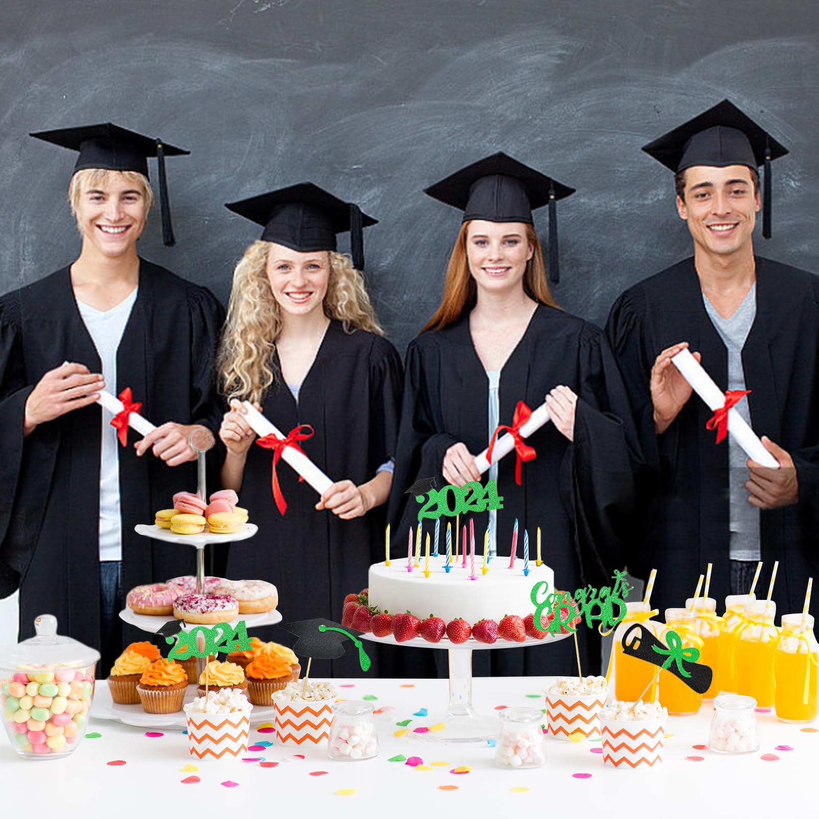 heqxwl 24Pcs Graduation Cupcake Toppers of 2024, Glitter Class of 2024 Diploma Grad Cap Cake Picks for Graduation Theme Party Decorations (Green)