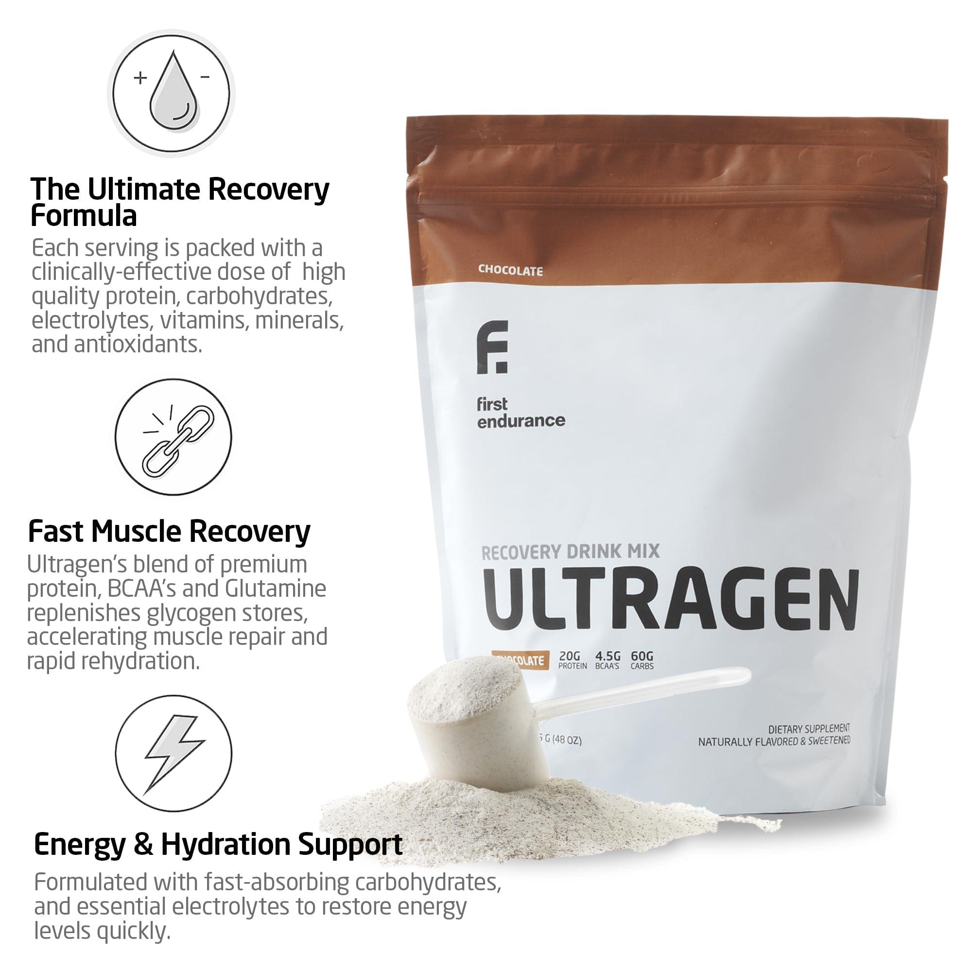 FIRST ENDURANCE FIRST ENDURANCE Ultragen Workout Recovery Drink Powder, Protein Mix, Boosts Energy, Accelerates Recovery | Chocolate, 15 Servings