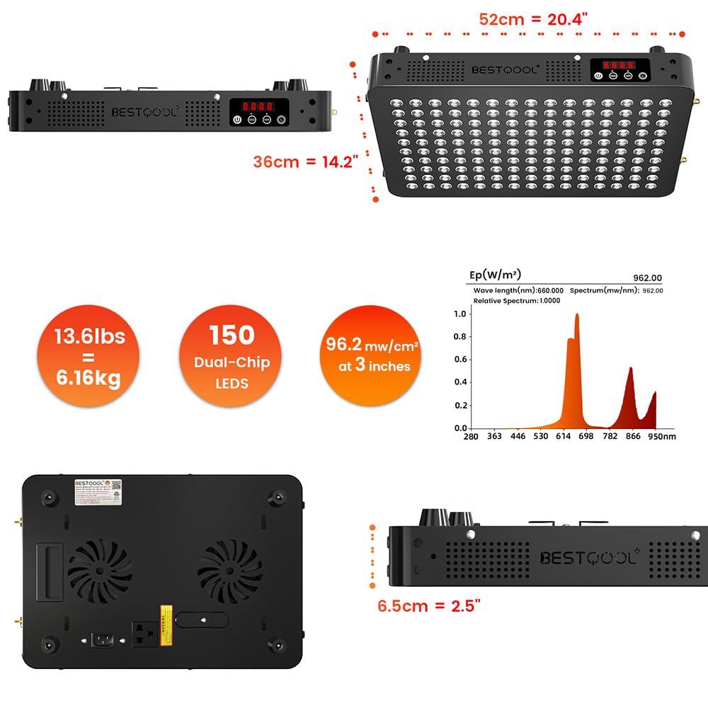Bestqool Bestqool Red Light Therapy Device, 4 Wavelengths Full Body Near Infrared Light Therapy, Elite Grade Dual Chip 150 LEDs, High Power Output Red Light Panel for Anti-Aging, Pain Relief. 250W.