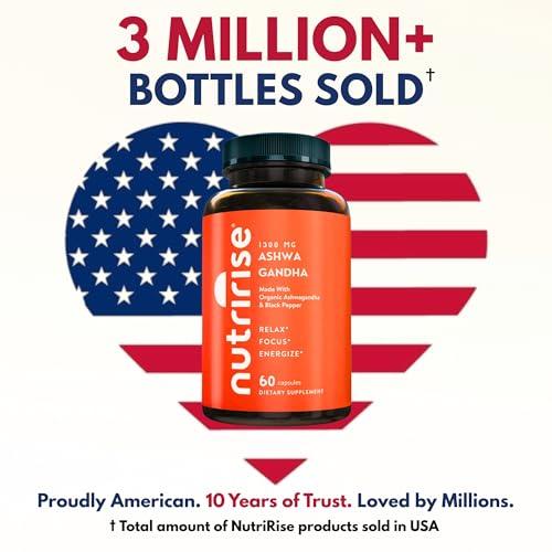 NutriRise NutriRise Organic Ashwagandha Root Capsules with Black Pepper, 1300mg, Natural Stress & Mood, Thyroid & Immune Support Supplement, Clarity, Focus & Energy, Gluten Free, 60 Count