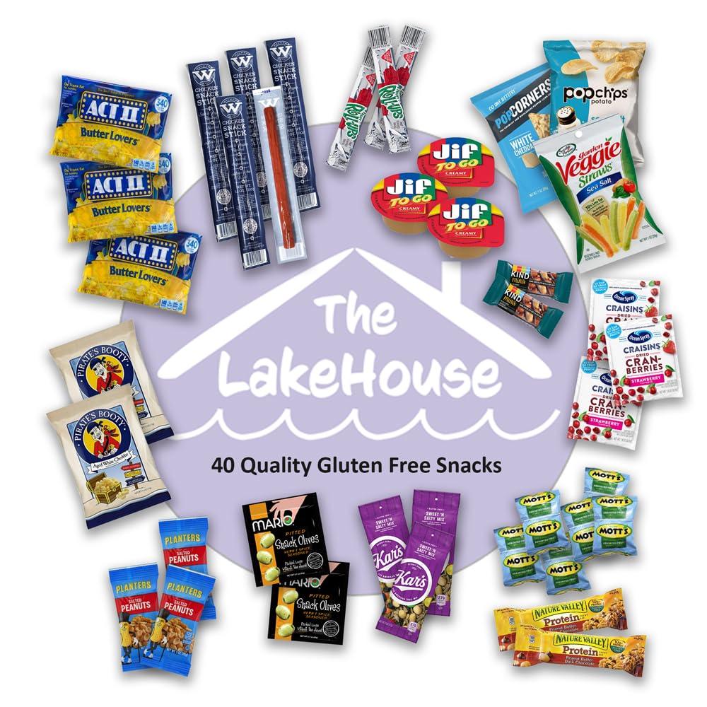 The LakeHouse Gluten Free Snacks for Adults Kids - 40 Count Healthy Celiac Friendly Snacks in Individual Packs - Birthday Treats Gift Basket - Valentines Care Package - Gluten Free Snack Box by The LakeHouse