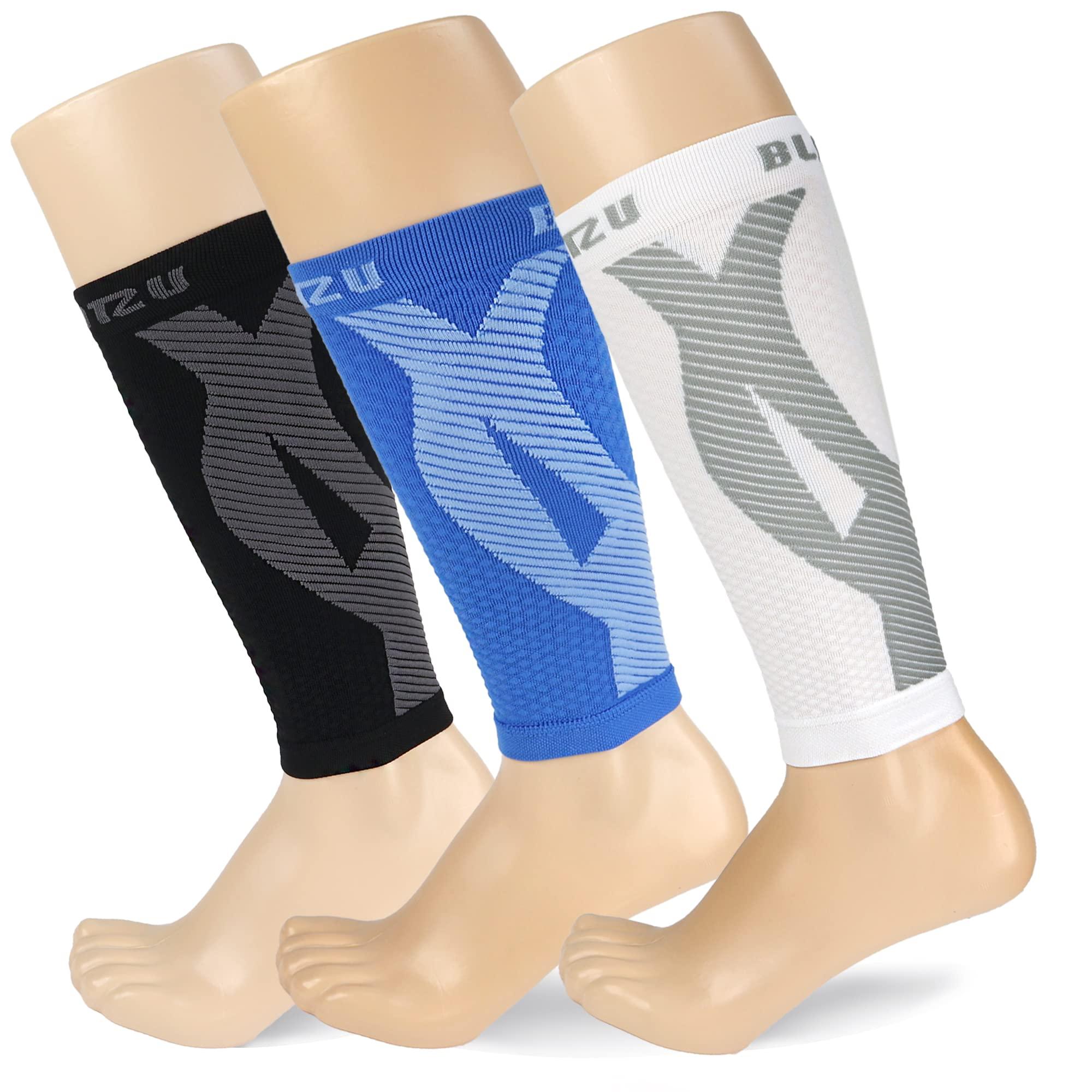 BLITZU BLITZU 3 Pairs Calf Compression Sleeves for Women and Men Size XXL, One Blue, One Black, One White Calf Sleeve, Leg Compression Sleeve for Calf Pain and Shin Splints. Footless Compression Socks.