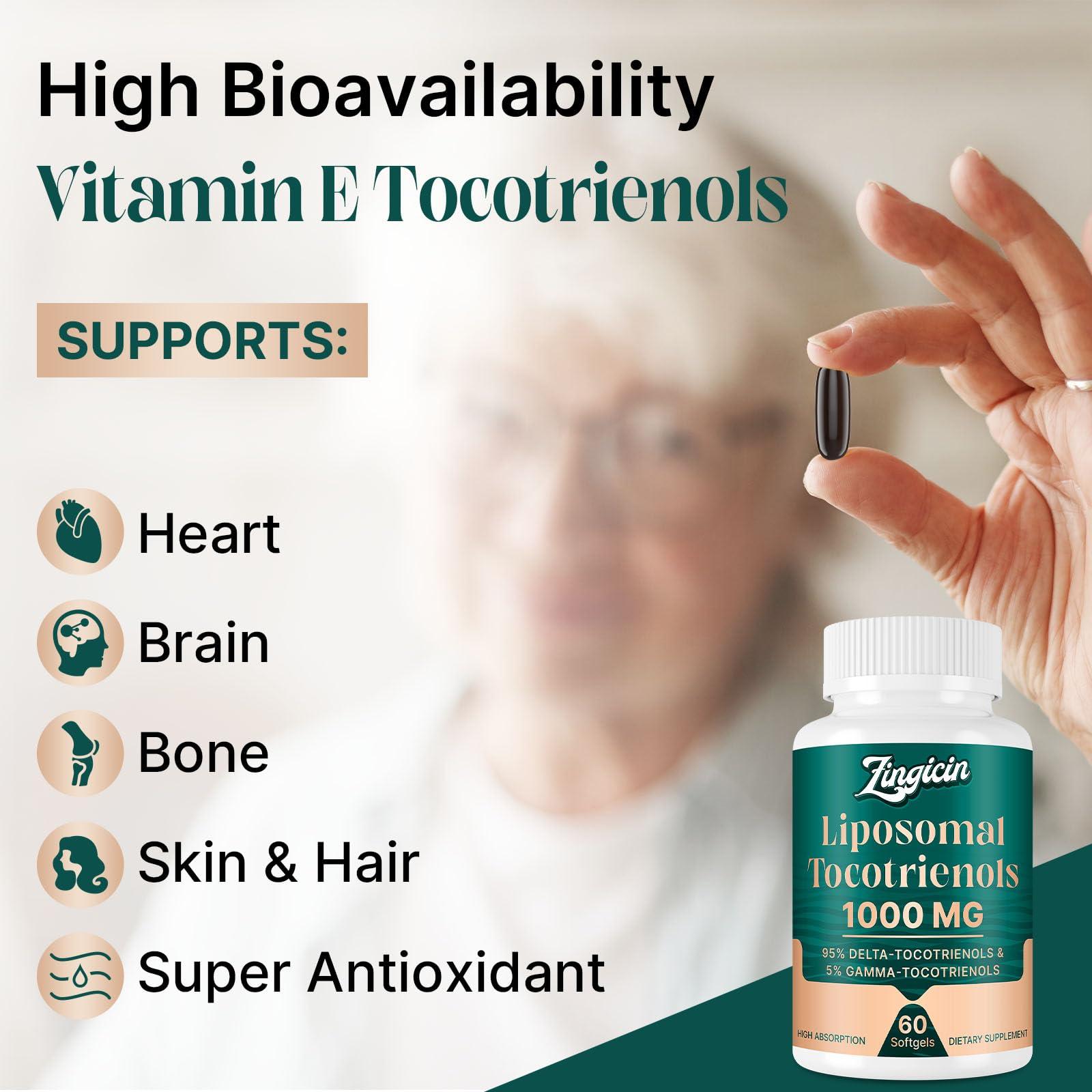 Zingicin Vitamin E Tocotrienols - Liposomal Tocotrienols Supplement 1000mg, Highly Absorbable Delta Tocotrienol and Gamma Tocotrienol for Cardiovascular, Bone Health, and Antioxidant Support, 120 Softgels