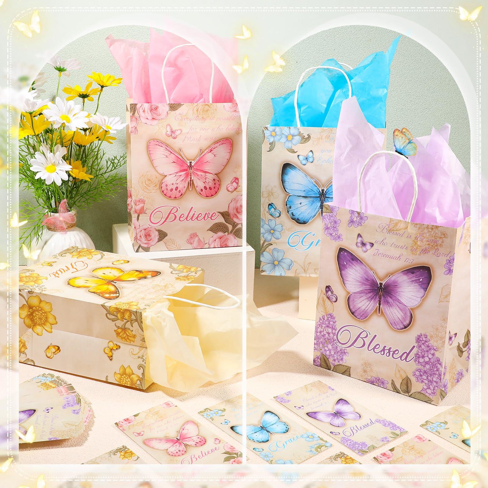 Qeeenar Qeeenar 72 Sets Christian Gift Bags Bulk Butterfly Goodie Bags Mother\'s Day Gift for Church Ladies Religious Gift Bags with Blessing Cards Tissue Paper Bible Verse Christian Baptism Bags for Women