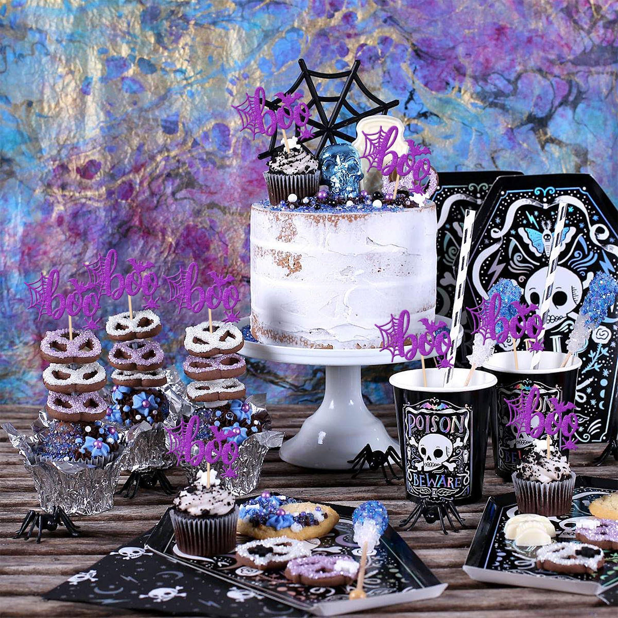 ZHUOWEISM 24 PCS Halloween Boo Cupcake Toppers Glitter Spider Web Bat Cupcake Picks for Halloween Boo Theme Baby Shower Birthday Party Cake Decorations Supplies Purple