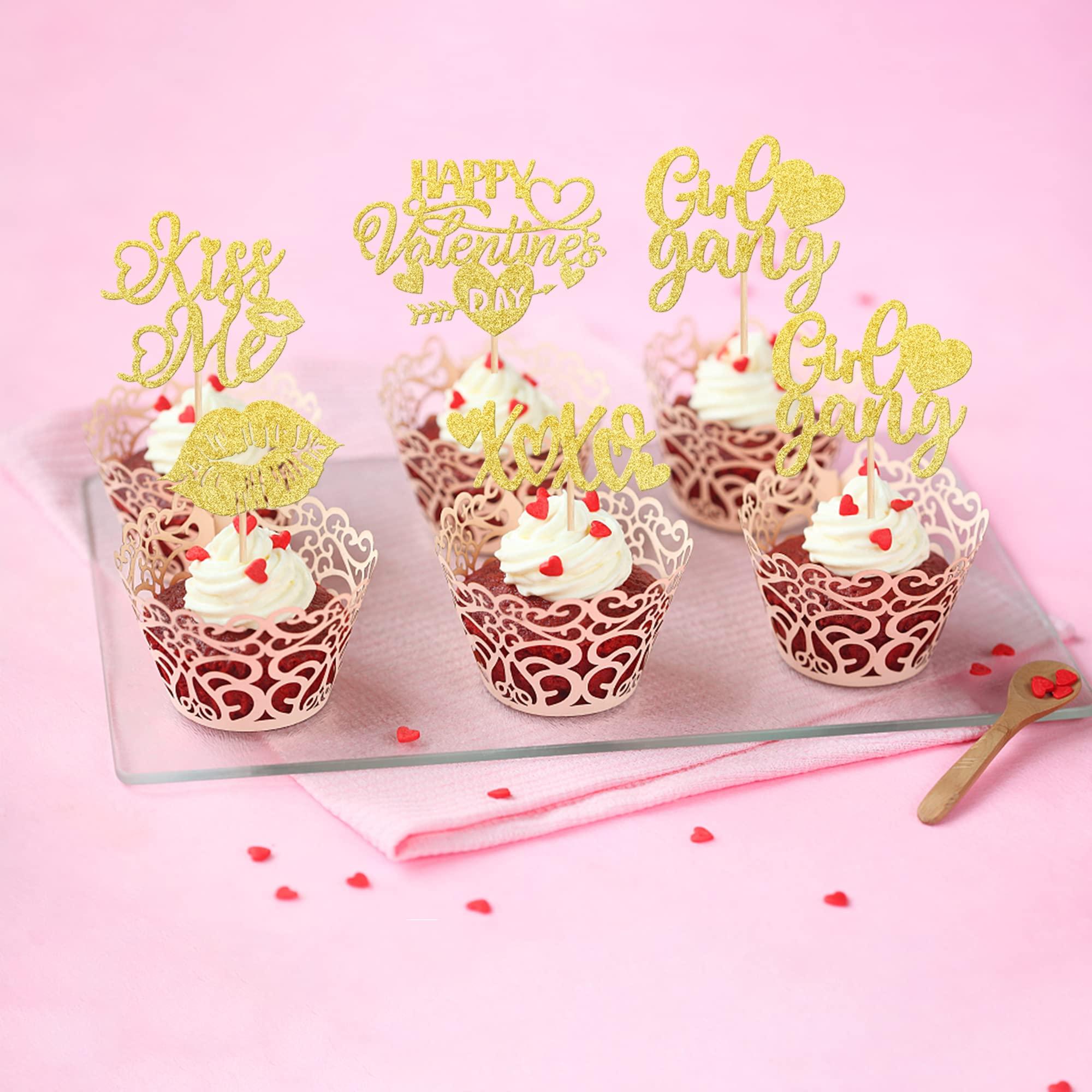 ZHUOWEISM 30 PCS Happy Valentine's Day Cupcake Toppers Glitter Lips Kiss Me Love heart Be Mine Cupcake Picks for Valentine's Day Theme Wedding Bridal Shower Birthday Party Cake Decorations Supplies Gold
