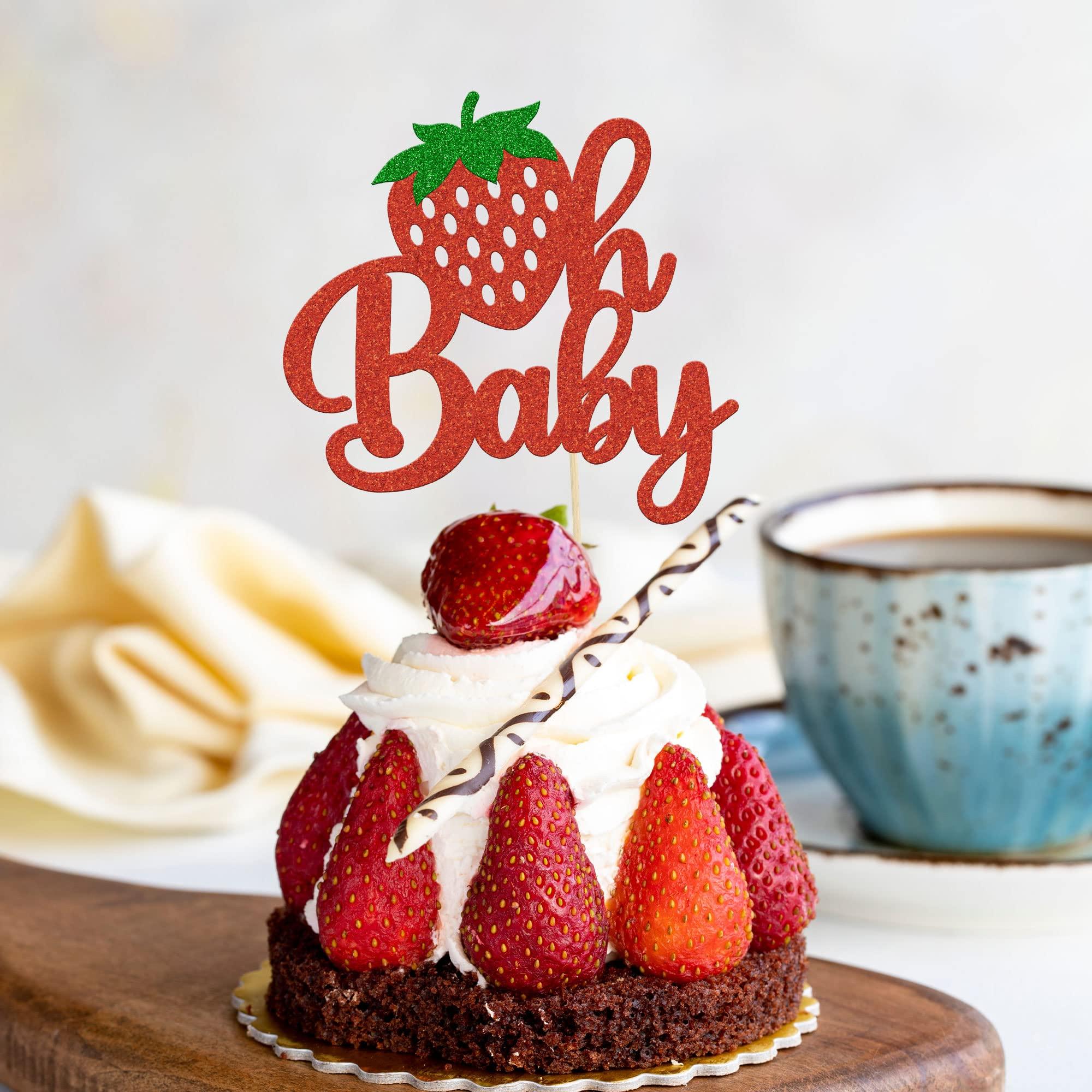 Gyufise 1Pc Strawberry Oh Baby Cake Topper Red Glitter Babyshower Strawberry Cake Pick Decoration for Sweet Fruit Theme Baby Shower Kids Birthday Party Supplies