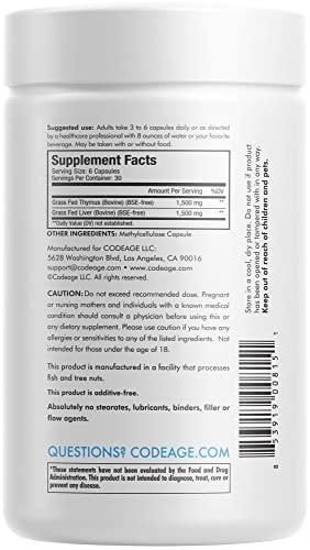 Codeage Codeage Grass Fed Beef Thymus Supplement Superfood, Freeze Dried, Non-Defatted, Desiccated Thymus & Liver Pills, Glandulars Meat, Pasture Raised Beef Vitamins, Non-GMO, 180 Capsules